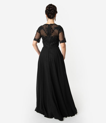 Black Chiffon Embellished Short Sleeve Modest Long Dress