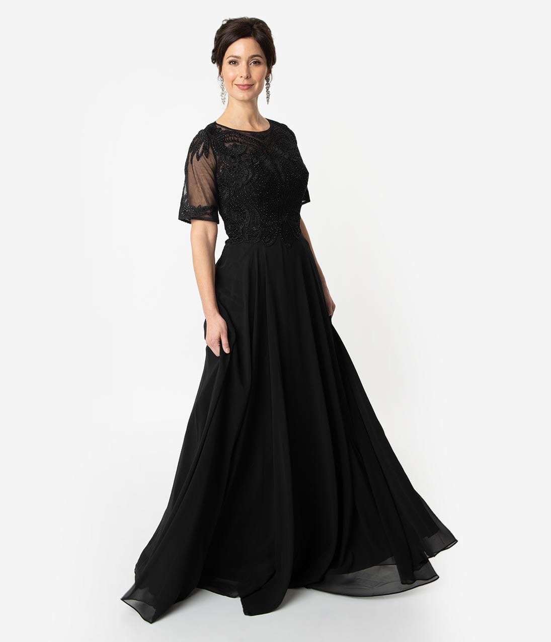 Black Chiffon Embellished Short Sleeve Modest Long Dress
