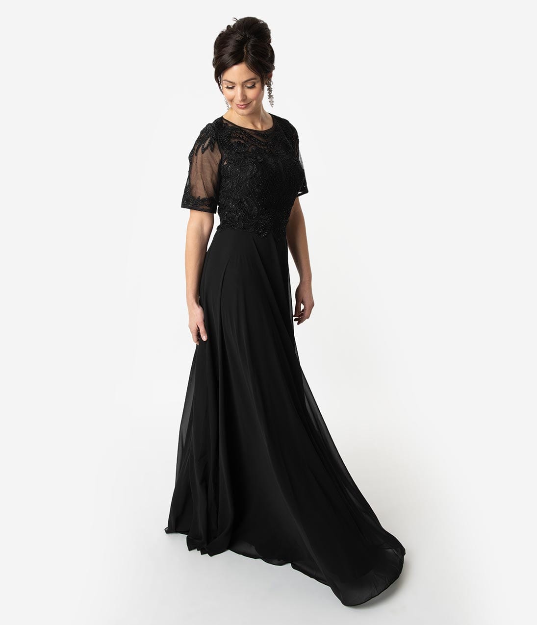 Black Chiffon Embellished Short Sleeve Modest Long Dress