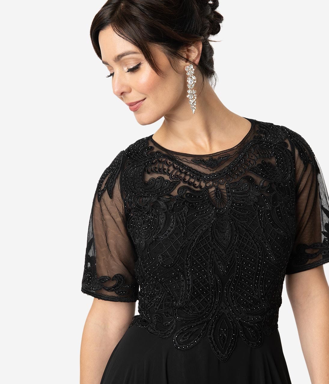 Black Chiffon Embellished Short Sleeve Modest Long Dress