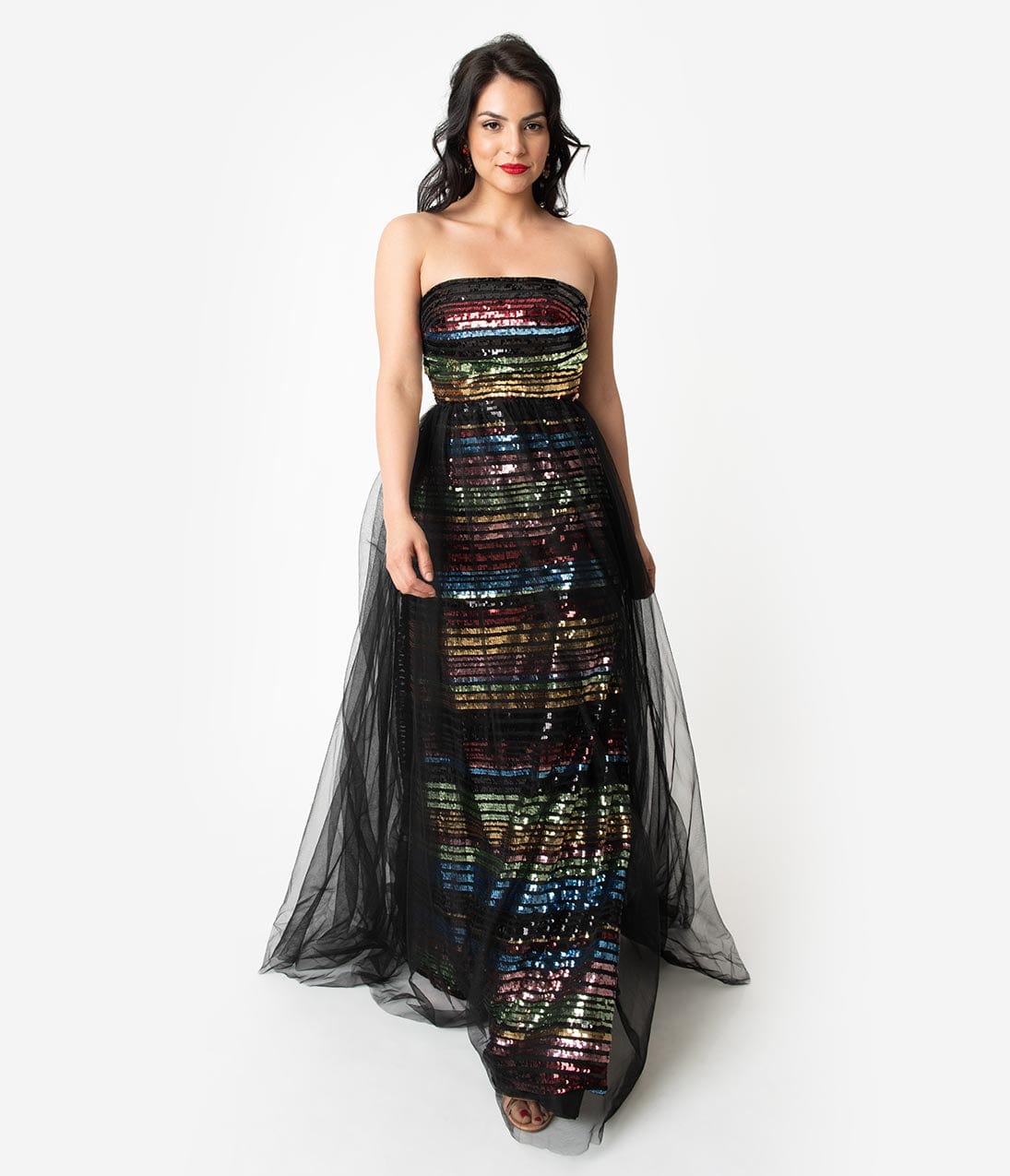 Black & Multicolor Rainbow Striped Sequin Strapless Long Gown