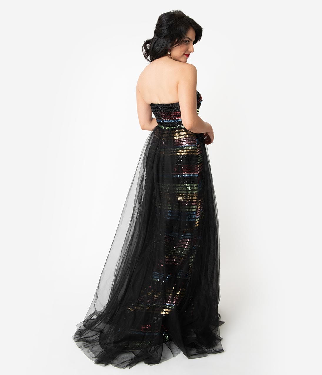 Black & Multicolor Rainbow Striped Sequin Strapless Long Gown