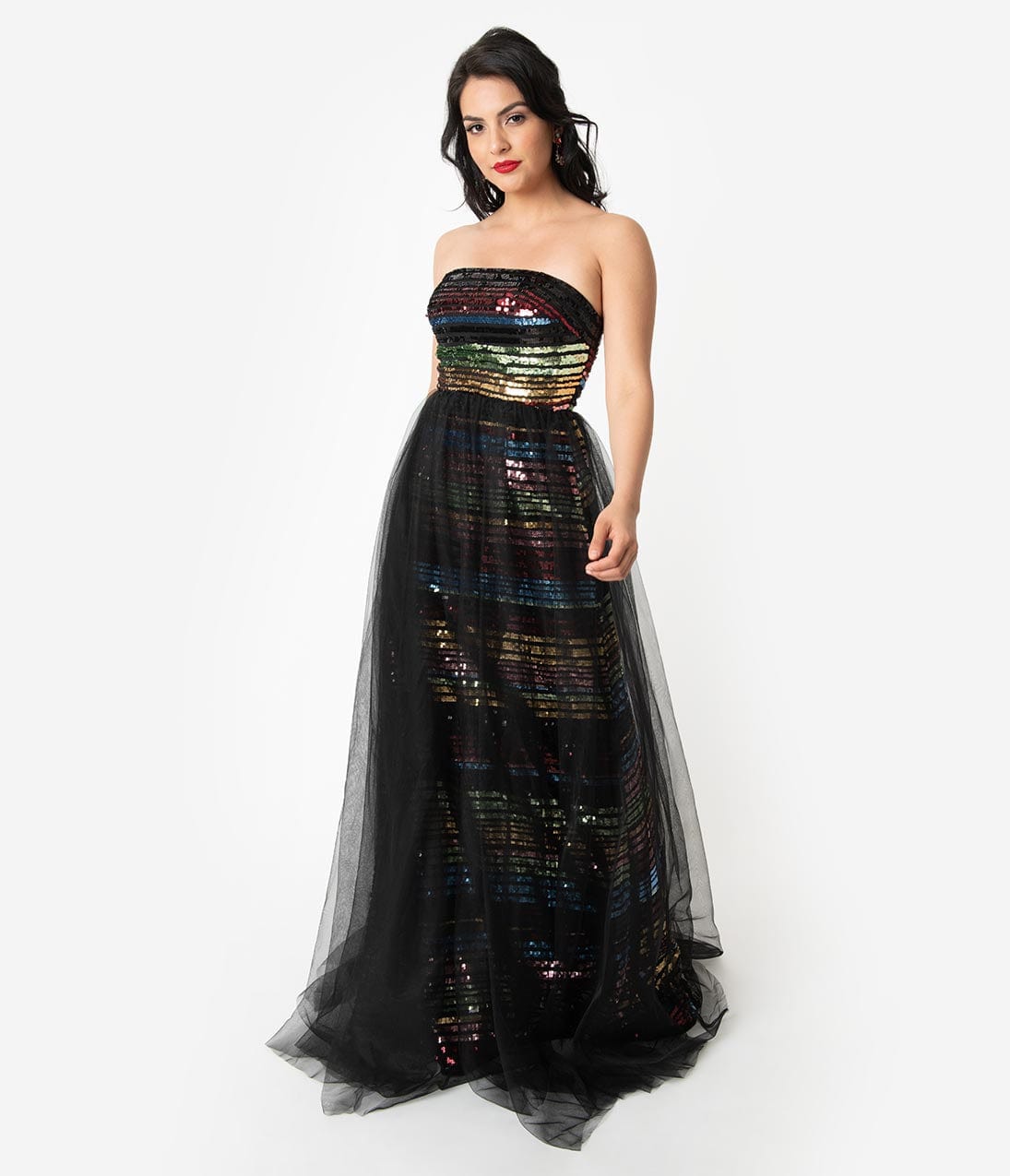 Black & Multicolor Rainbow Striped Sequin Strapless Long Gown