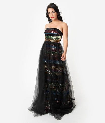 Black & Multicolor Rainbow Striped Sequin Strapless Long Gown
