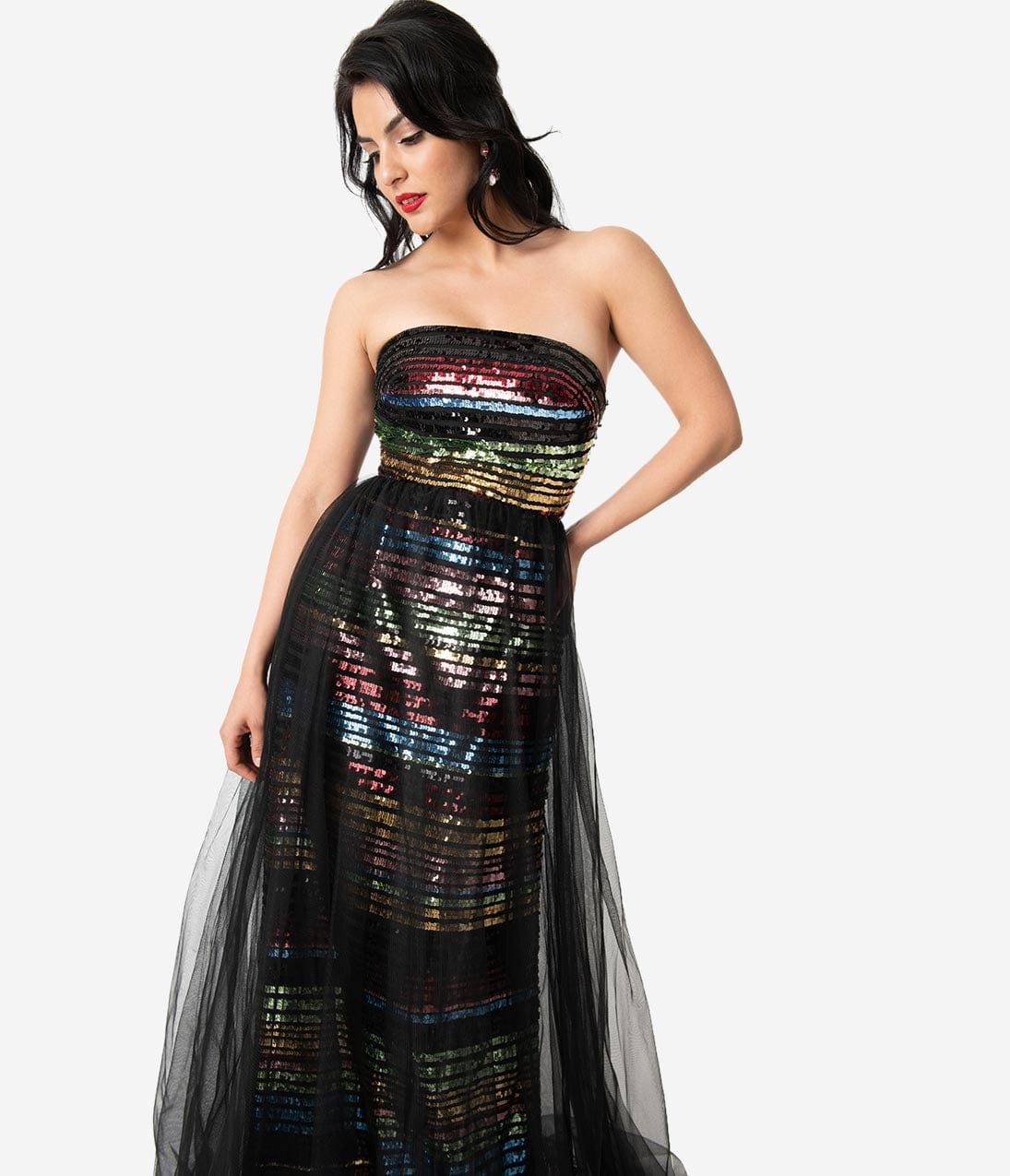 Black & Multicolor Rainbow Striped Sequin Strapless Long Gown