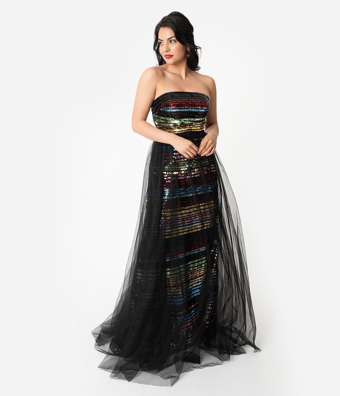 Black & Multicolor Rainbow Striped Sequin Strapless Long Gown