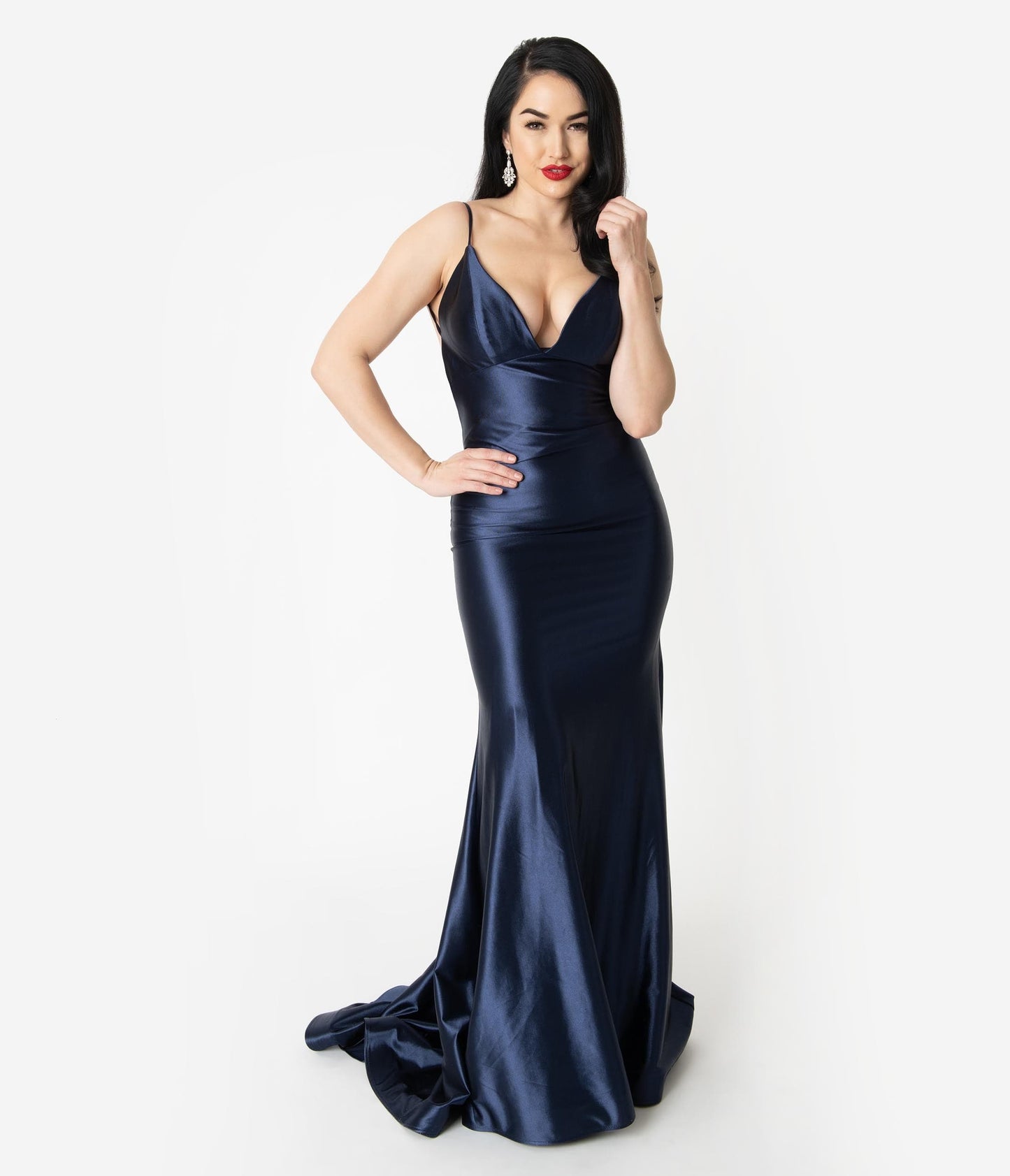 Navy Blue Satin Sexy Sleeveless Open Back Fitted Long Dress