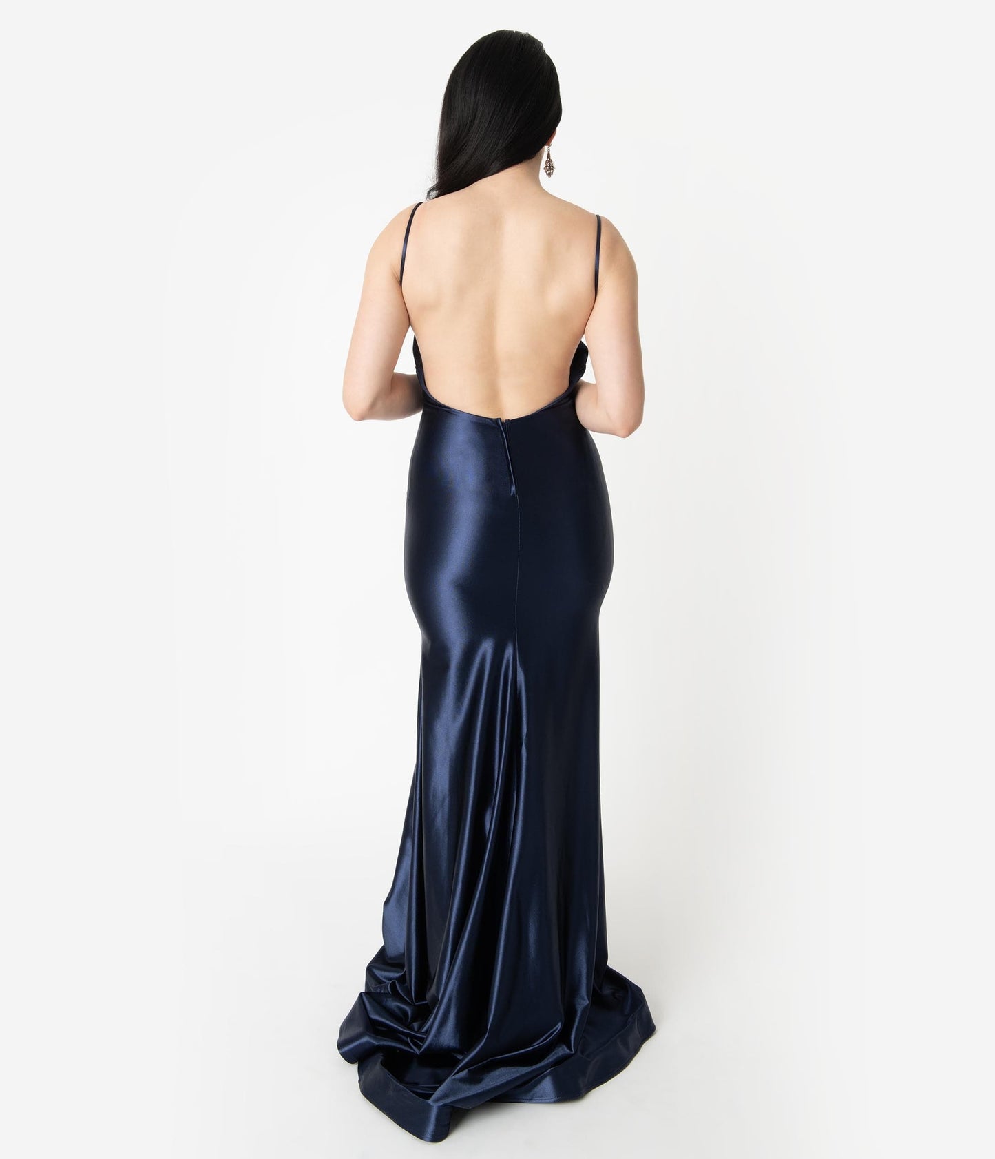 Navy Blue Satin Sexy Sleeveless Open Back Fitted Long Dress