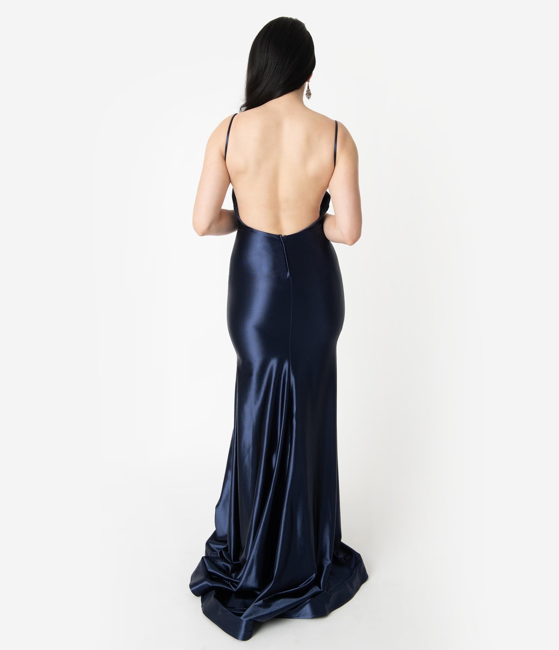 Navy Blue Satin Sexy Sleeveless Open Back Fitted Long Dress