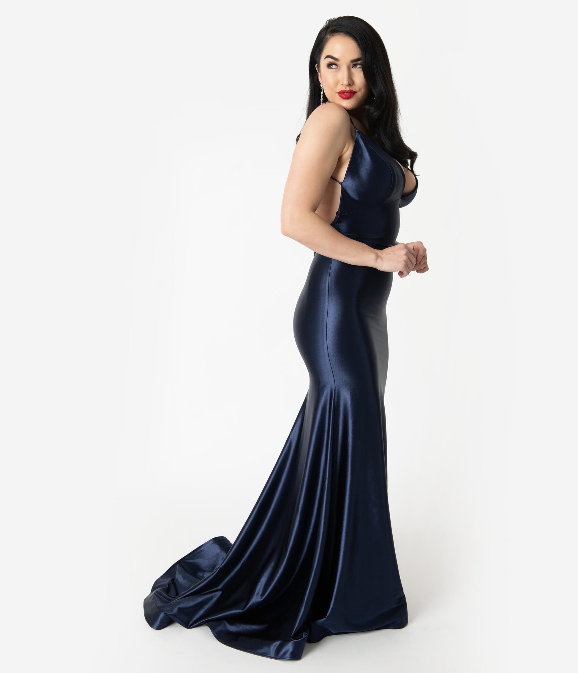 Navy Blue Satin Sexy Sleeveless Open Back Fitted Long Dress