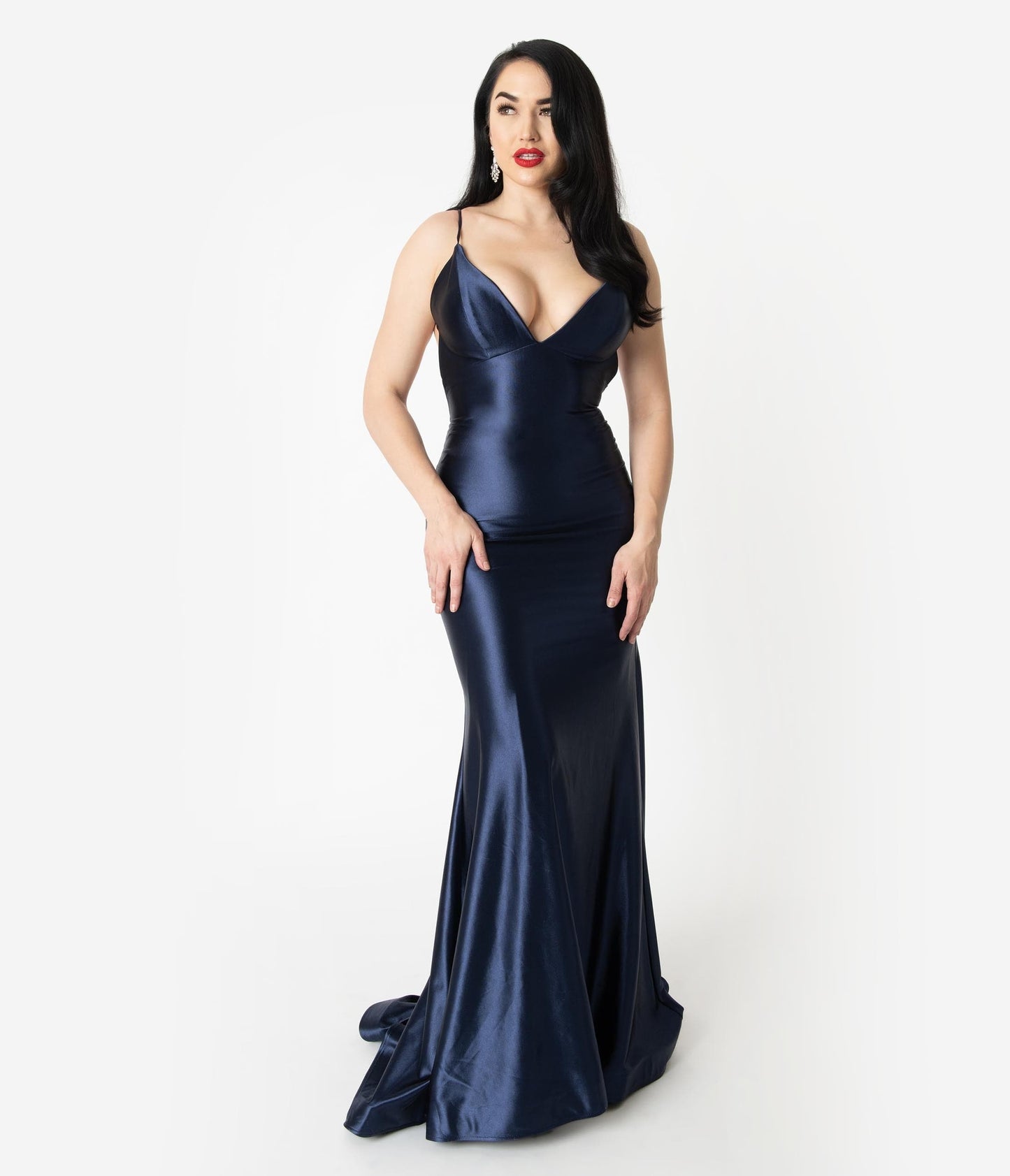 Navy Blue Satin Sexy Sleeveless Open Back Fitted Long Dress