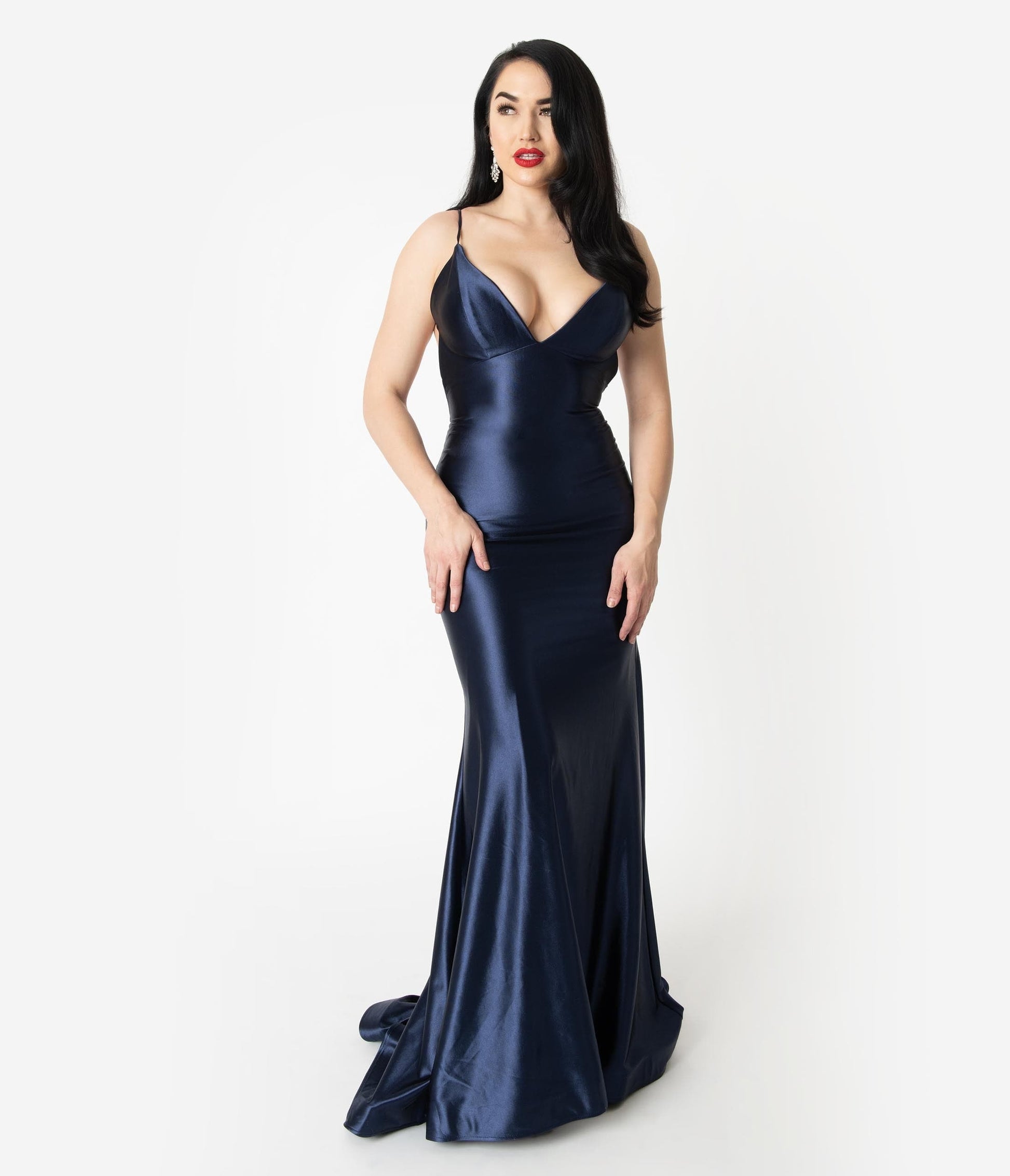 Navy Blue Satin Sexy Sleeveless Open Back Fitted Long Dress