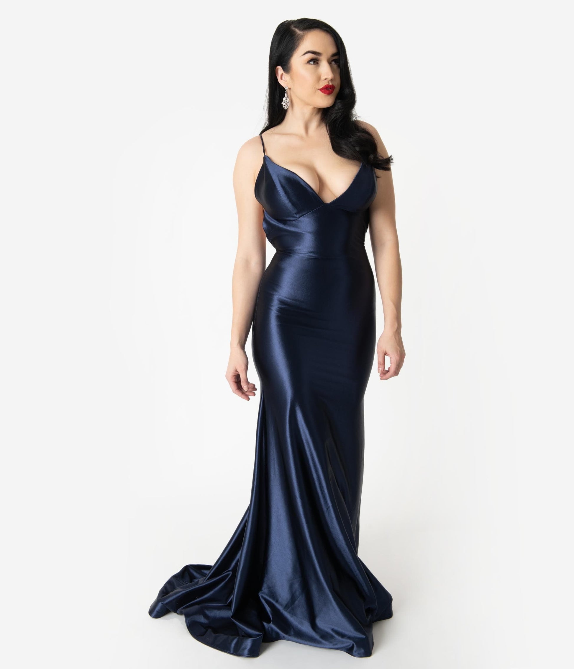 Navy Blue Satin Sexy Sleeveless Open Back Fitted Long Dress