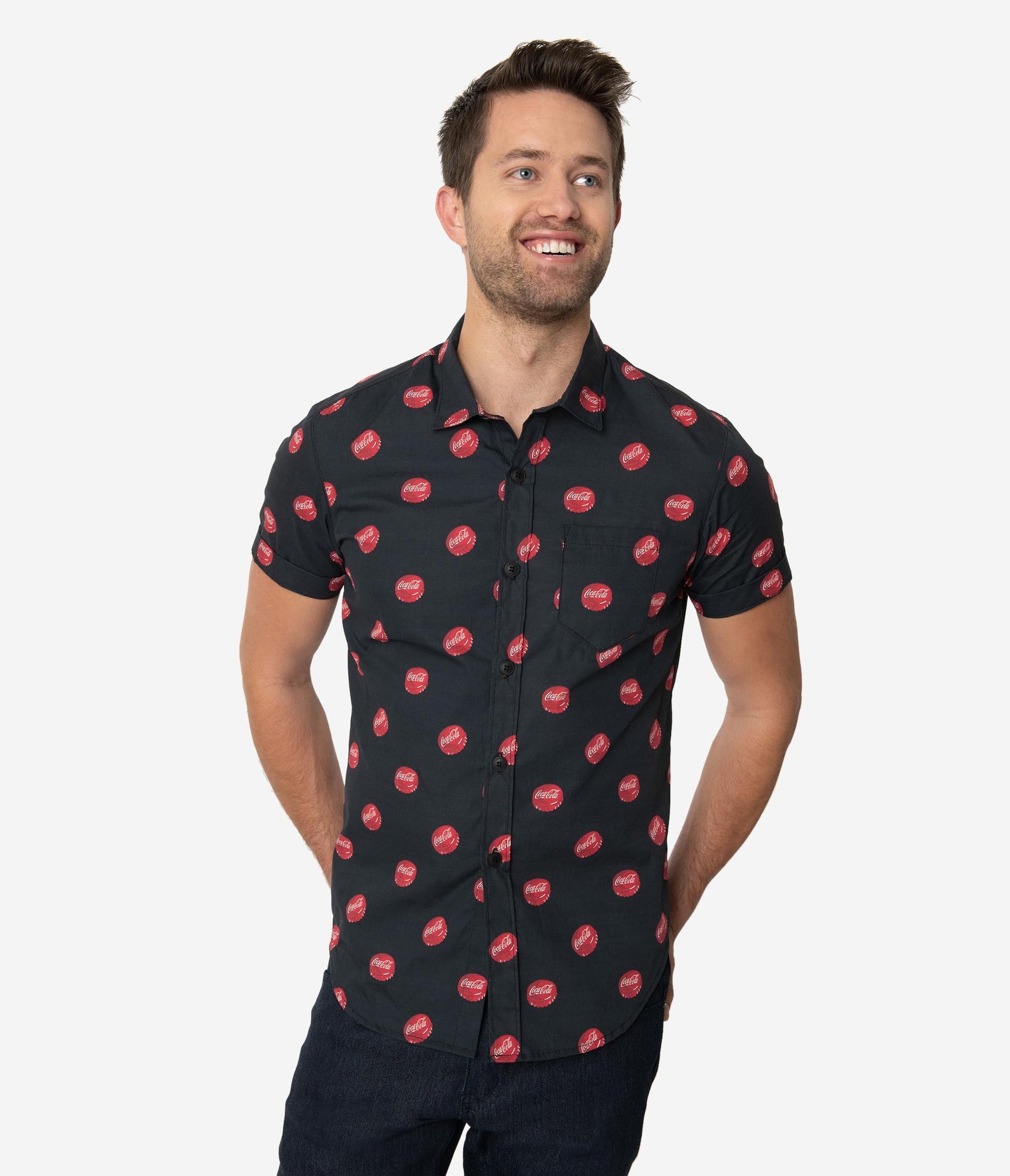 Coca-Cola Collection by Unique Vintage Black Coke Bottle Cap Print Button Up Mens Shirt