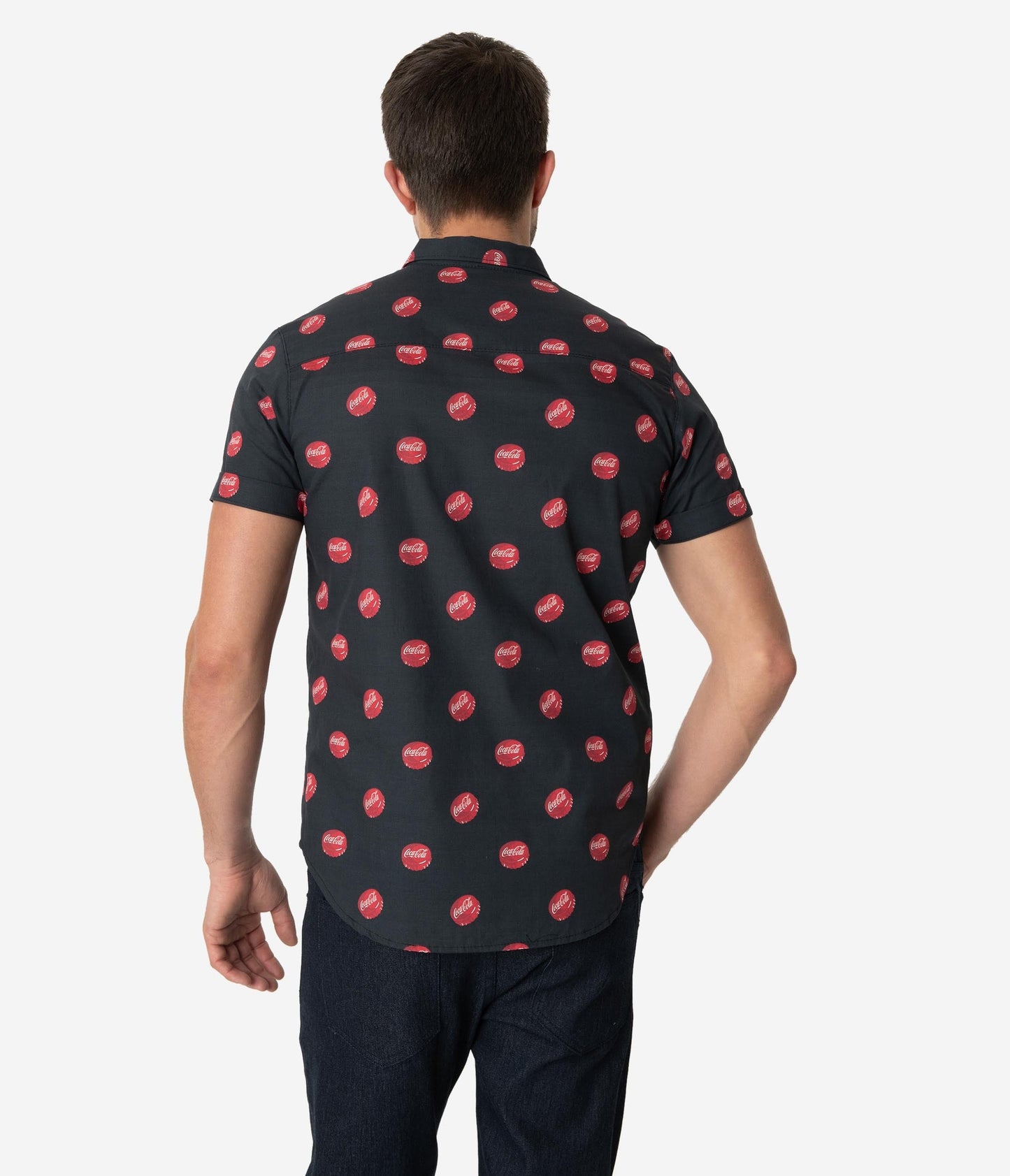 Coca-Cola Collection by Unique Vintage Black Coke Bottle Cap Print Button Up Mens Shirt