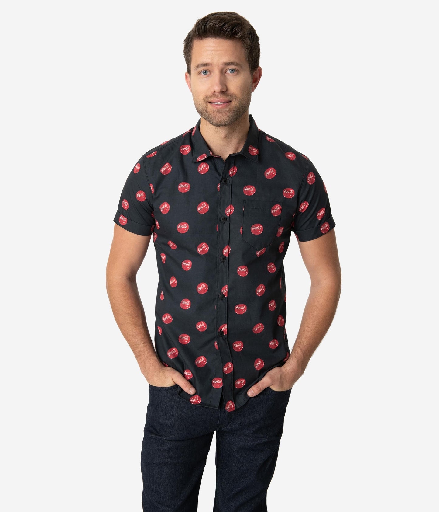 Coca-Cola Collection by Unique Vintage Black Coke Bottle Cap Print Button Up Mens Shirt