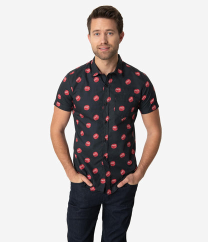 Coca-Cola Collection by Unique Vintage Black Coke Bottle Cap Print Button Up Mens Shirt