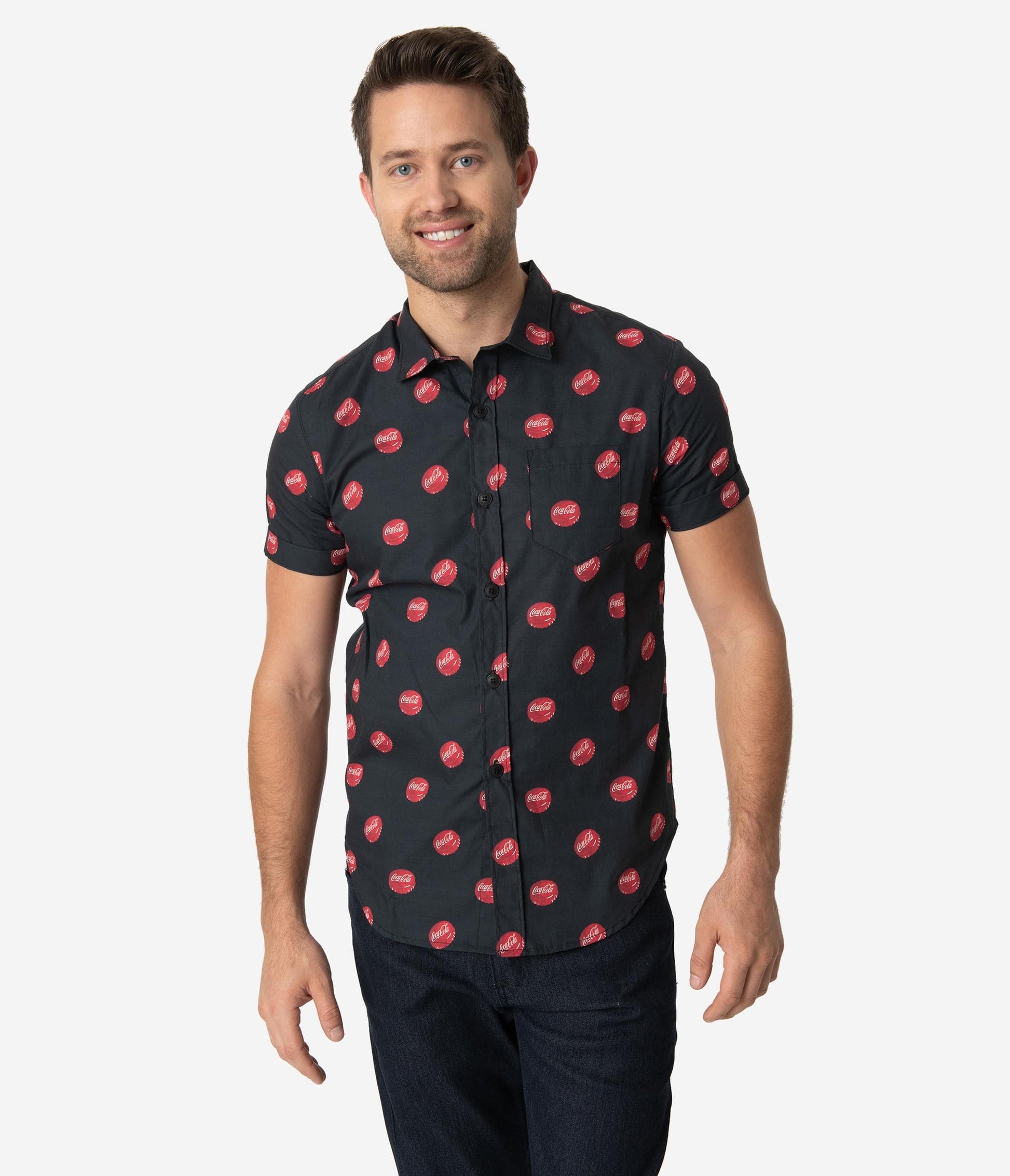 Coca-Cola Collection by Unique Vintage Black Coke Bottle Cap Print Button Up Mens Shirt