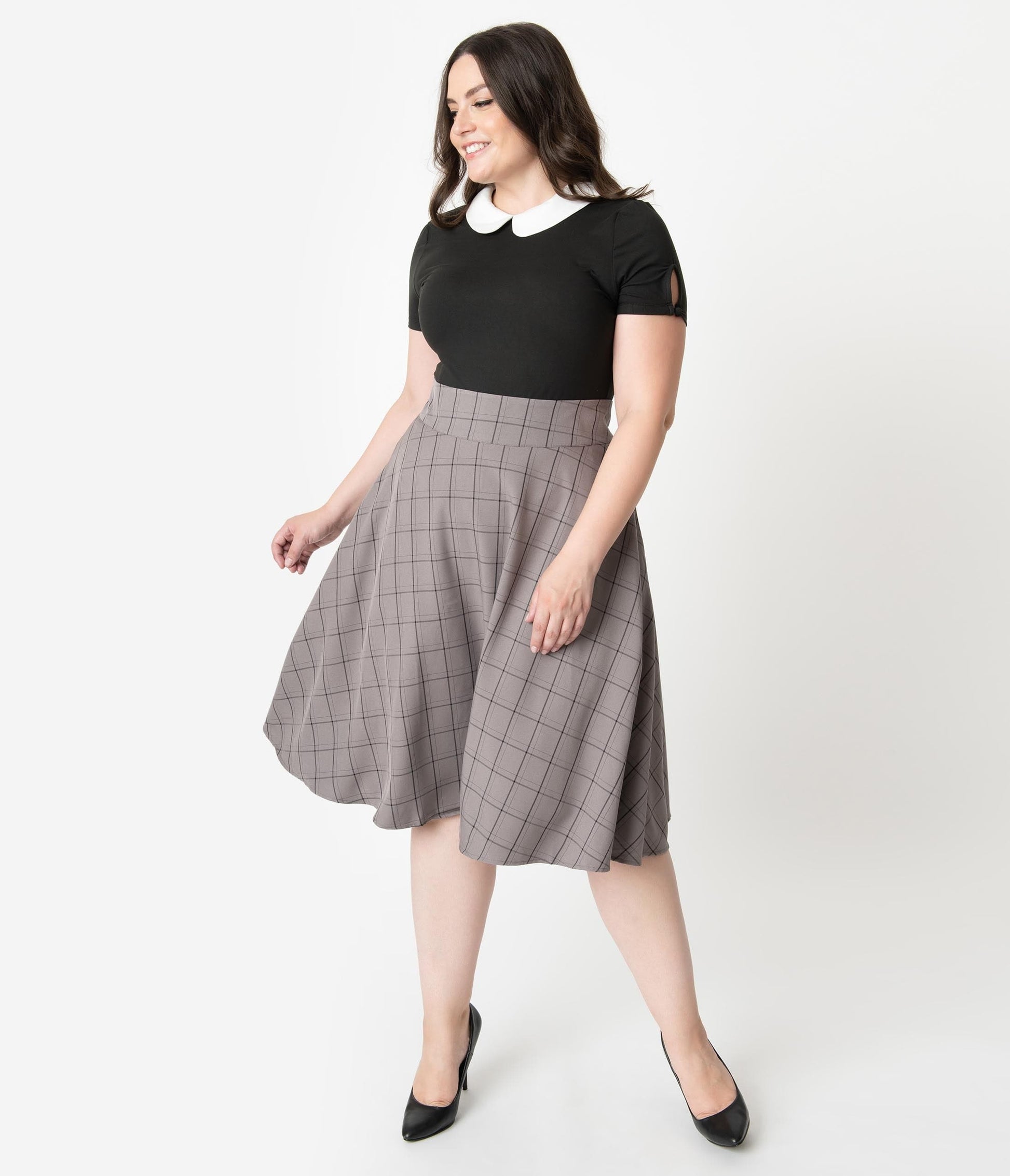 Unique Vintage Plus Size Retro Style Grey & Black Windowpane High Waist Vivien Swing Skirt