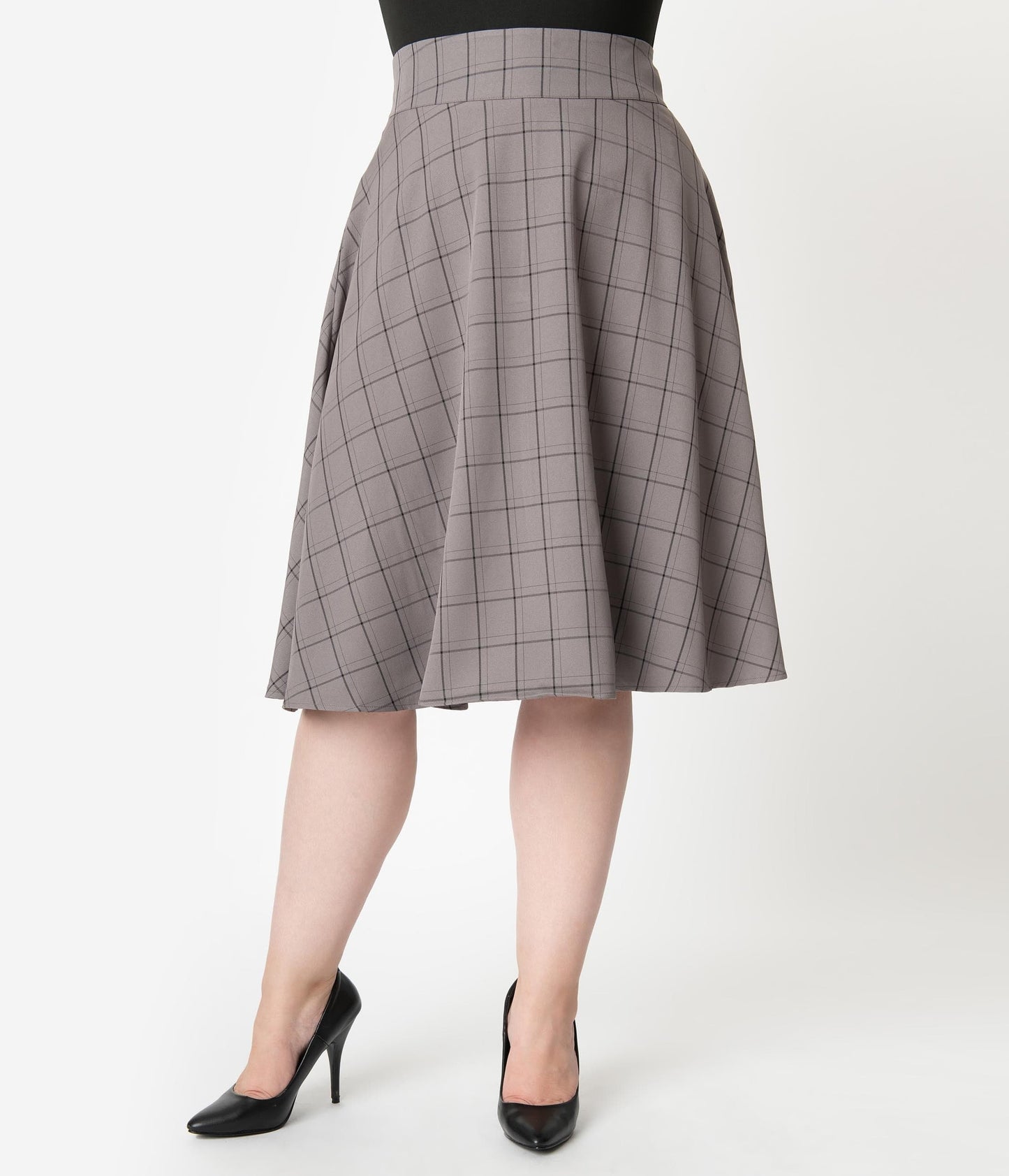 Unique Vintage Plus Size Retro Style Grey & Black Windowpane High Waist Vivien Swing Skirt