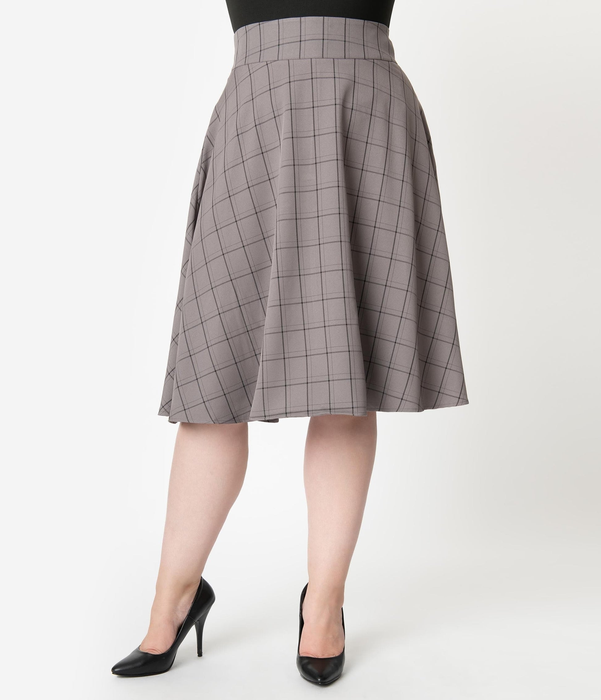 Unique Vintage Plus Size Retro Style Grey & Black Windowpane High Waist Vivien Swing Skirt