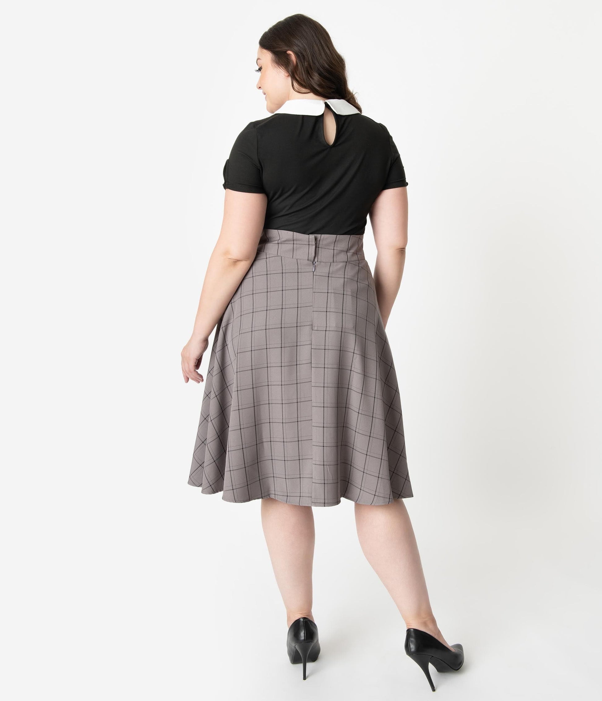 Unique Vintage Plus Size Retro Style Grey & Black Windowpane High Waist Vivien Swing Skirt