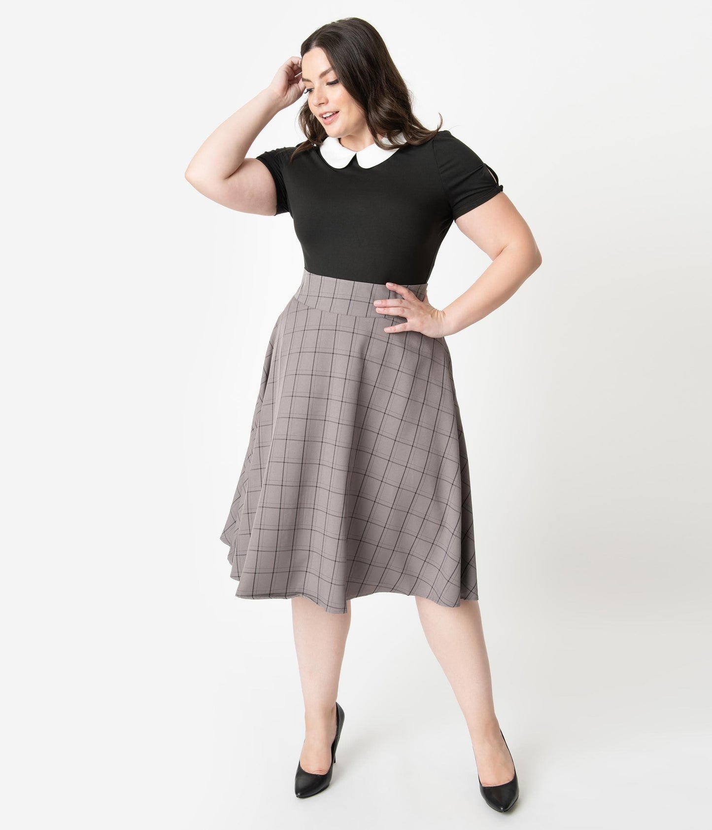 Unique Vintage Plus Size Retro Style Grey & Black Windowpane High Waist Vivien Swing Skirt
