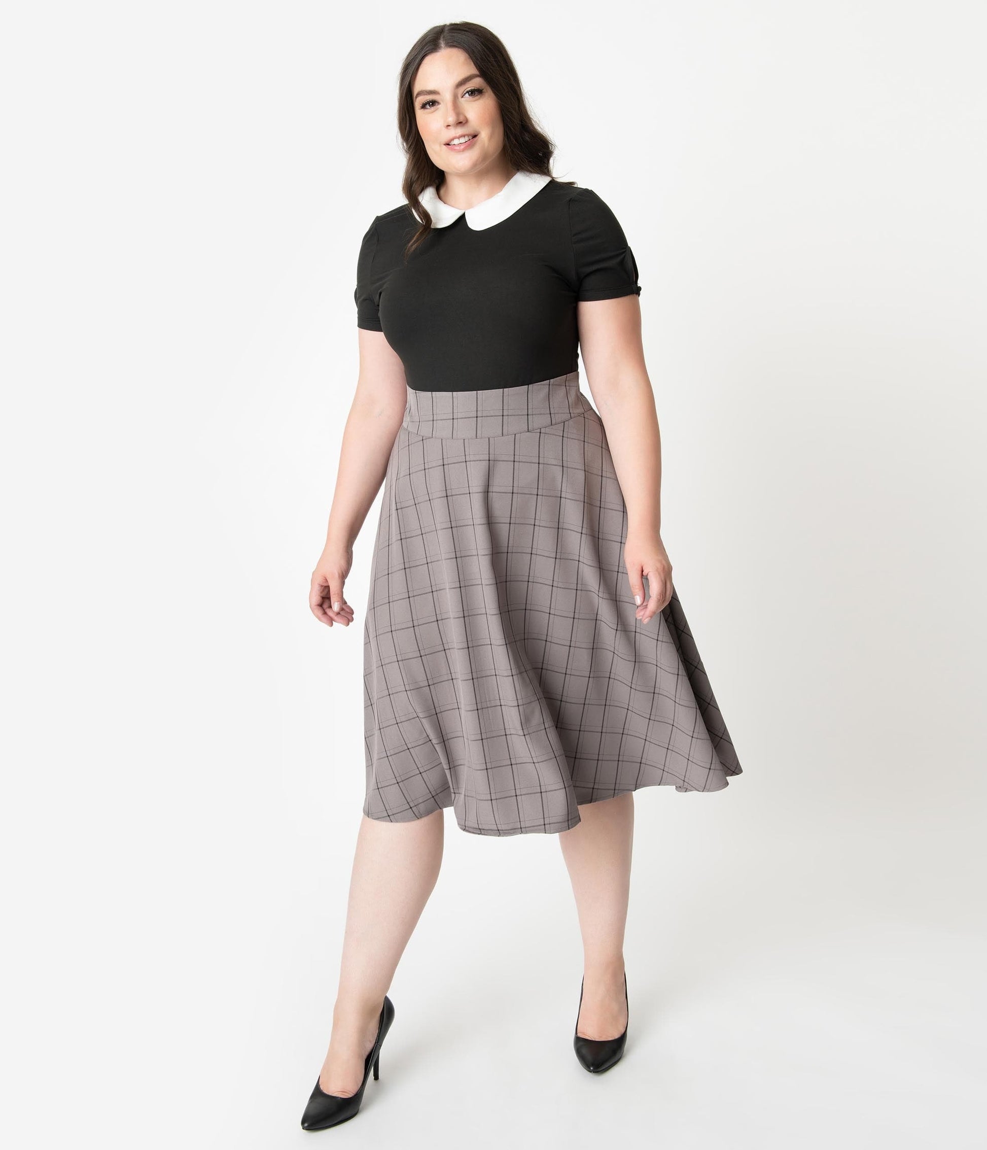Unique Vintage Plus Size Retro Style Grey & Black Windowpane High Waist Vivien Swing Skirt