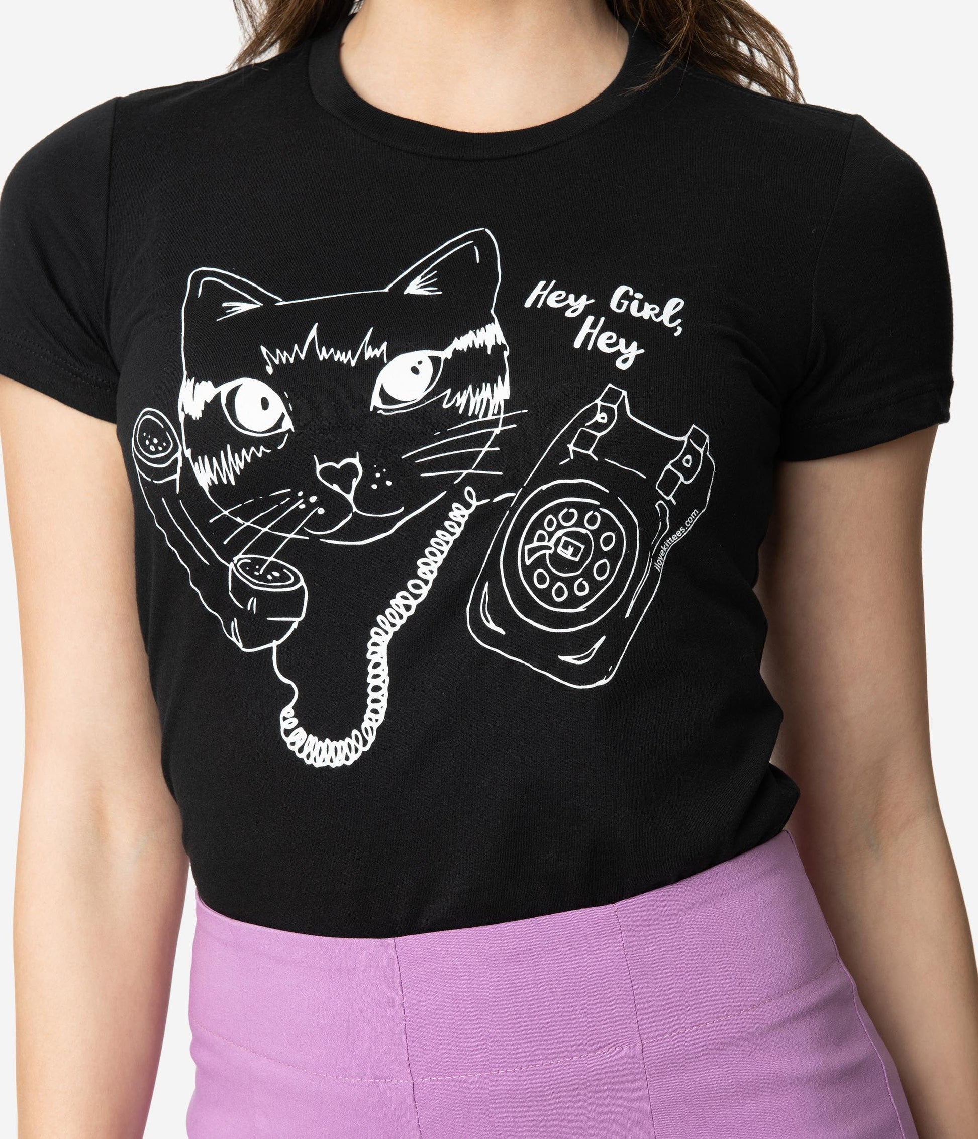 Black Cotton Cat Call Graphic Print Fitted Tee