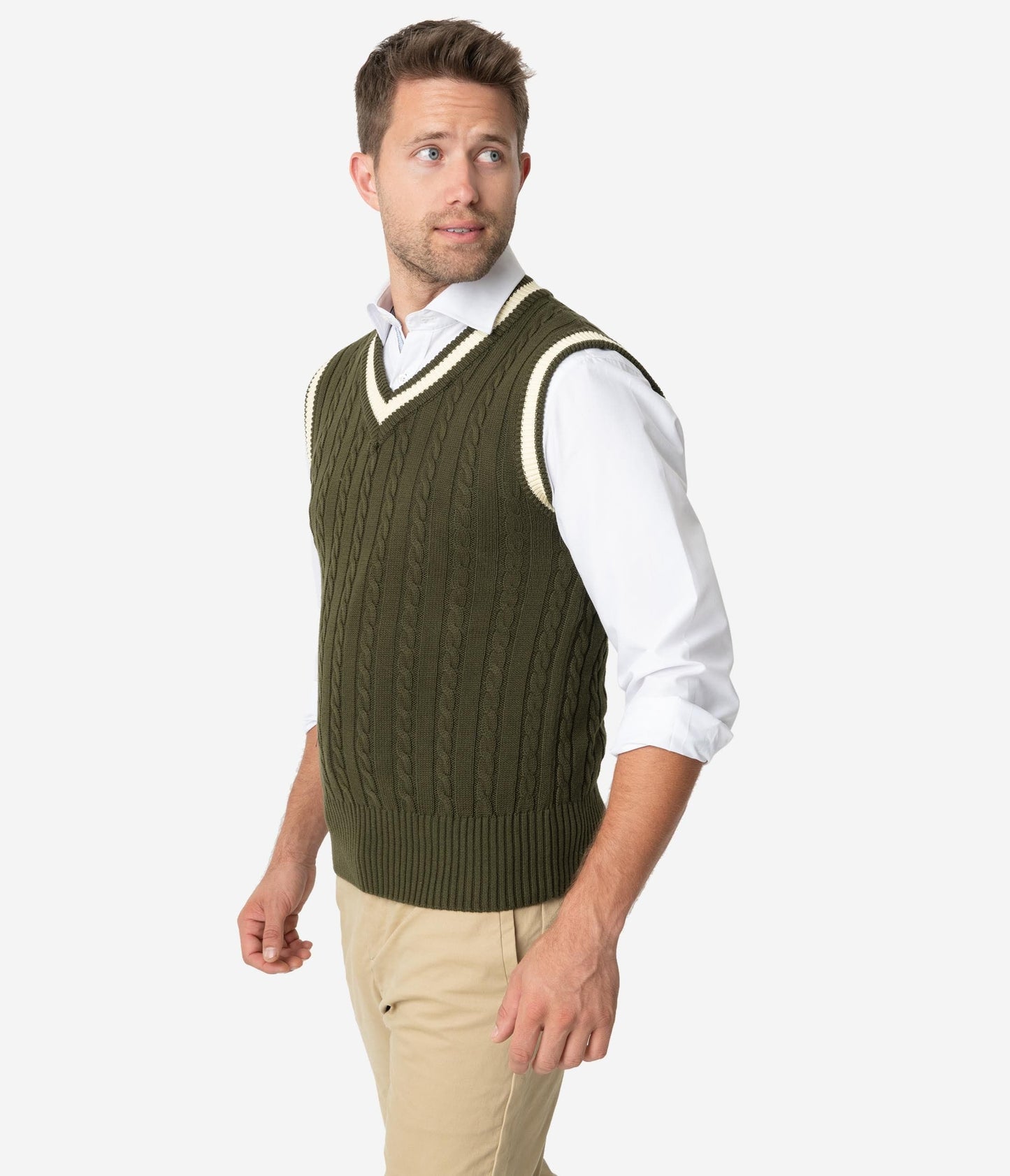 Collectif 1950s Olive Green Cable Knit Alex Mens Sweater Vest