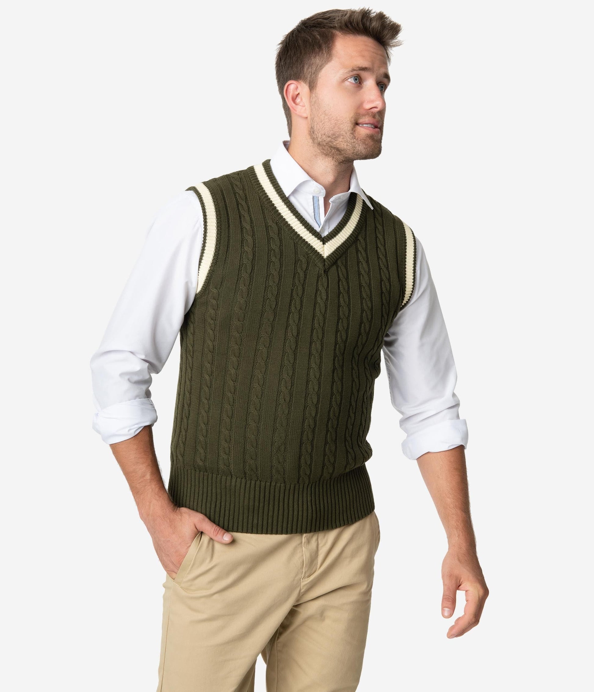 Collectif 1950s Olive Green Cable Knit Alex Mens Sweater Vest