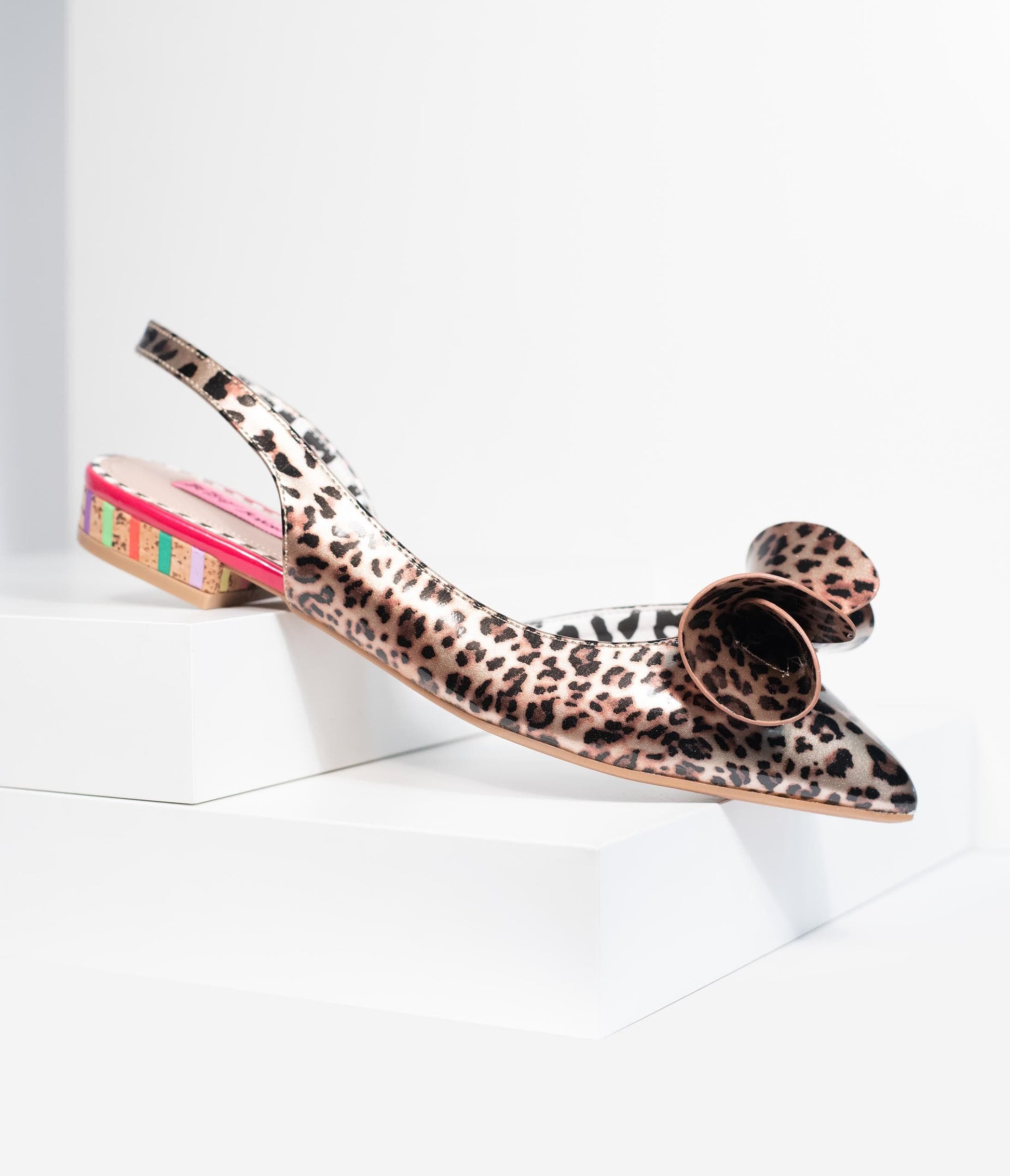 Betsey Johnson Leopard Print Vinyl Archer Sling Back Flats