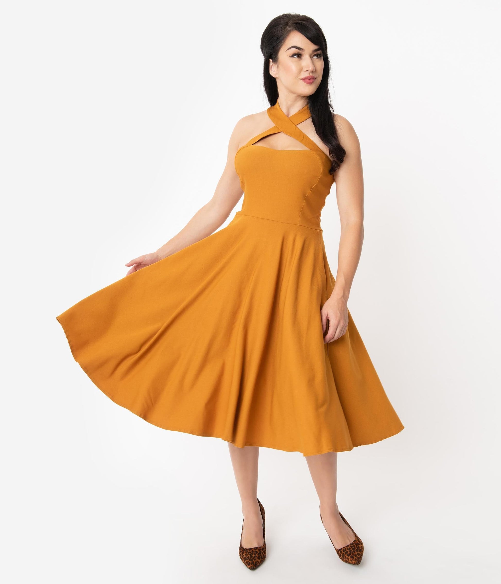 Unique Vintage 1950s Mustard Halter Rita Flare Dress
