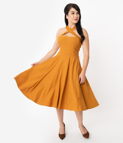Unique Vintage 1950s Mustard Halter Rita Flare Dress