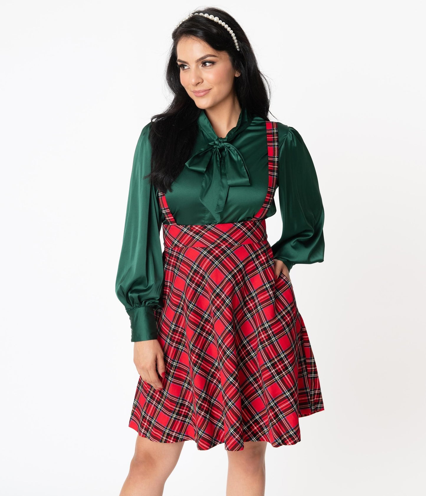 Unique Vintage 1960s Style Red Plaid Suspender Ruth Flare Skirt