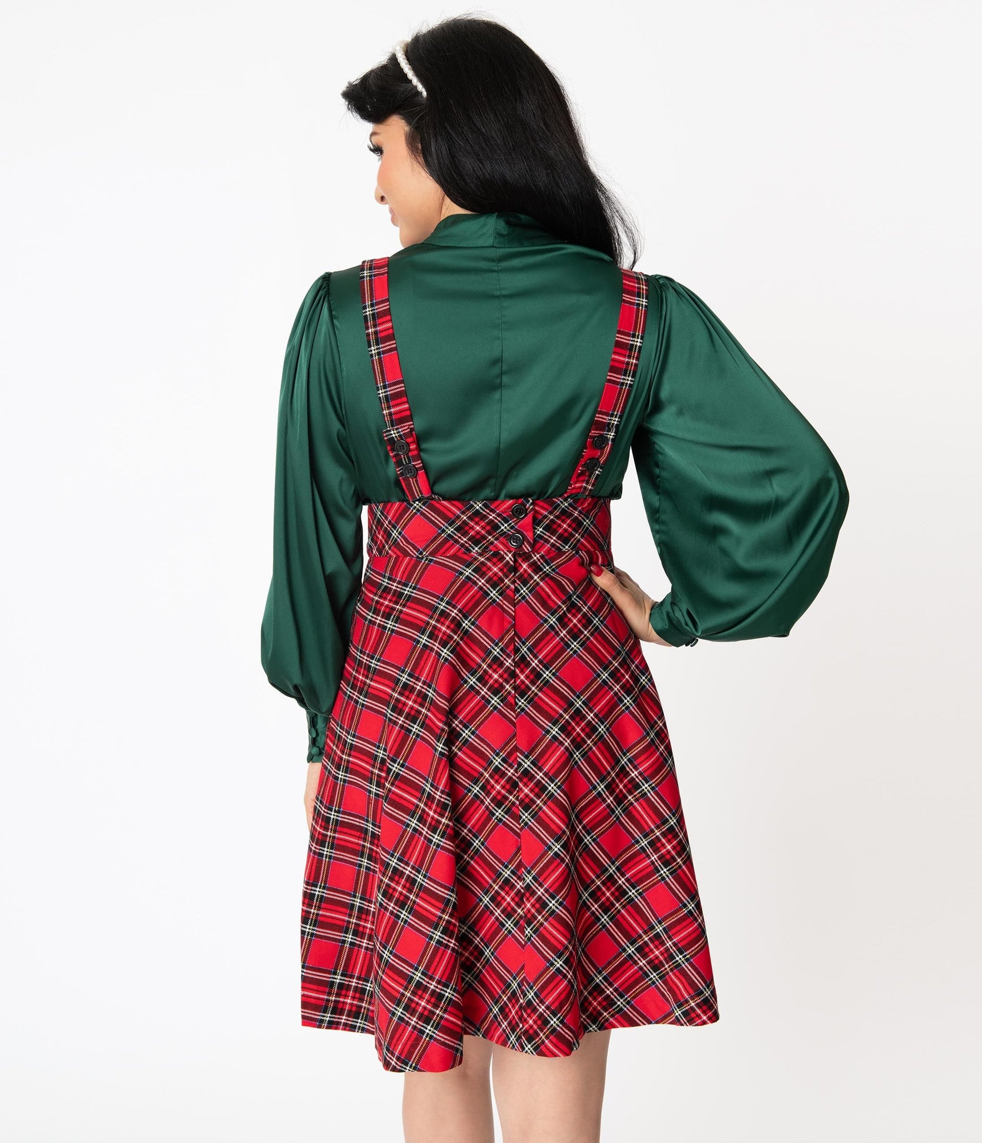 Unique Vintage 1960s Style Red Plaid Suspender Ruth Flare Skirt