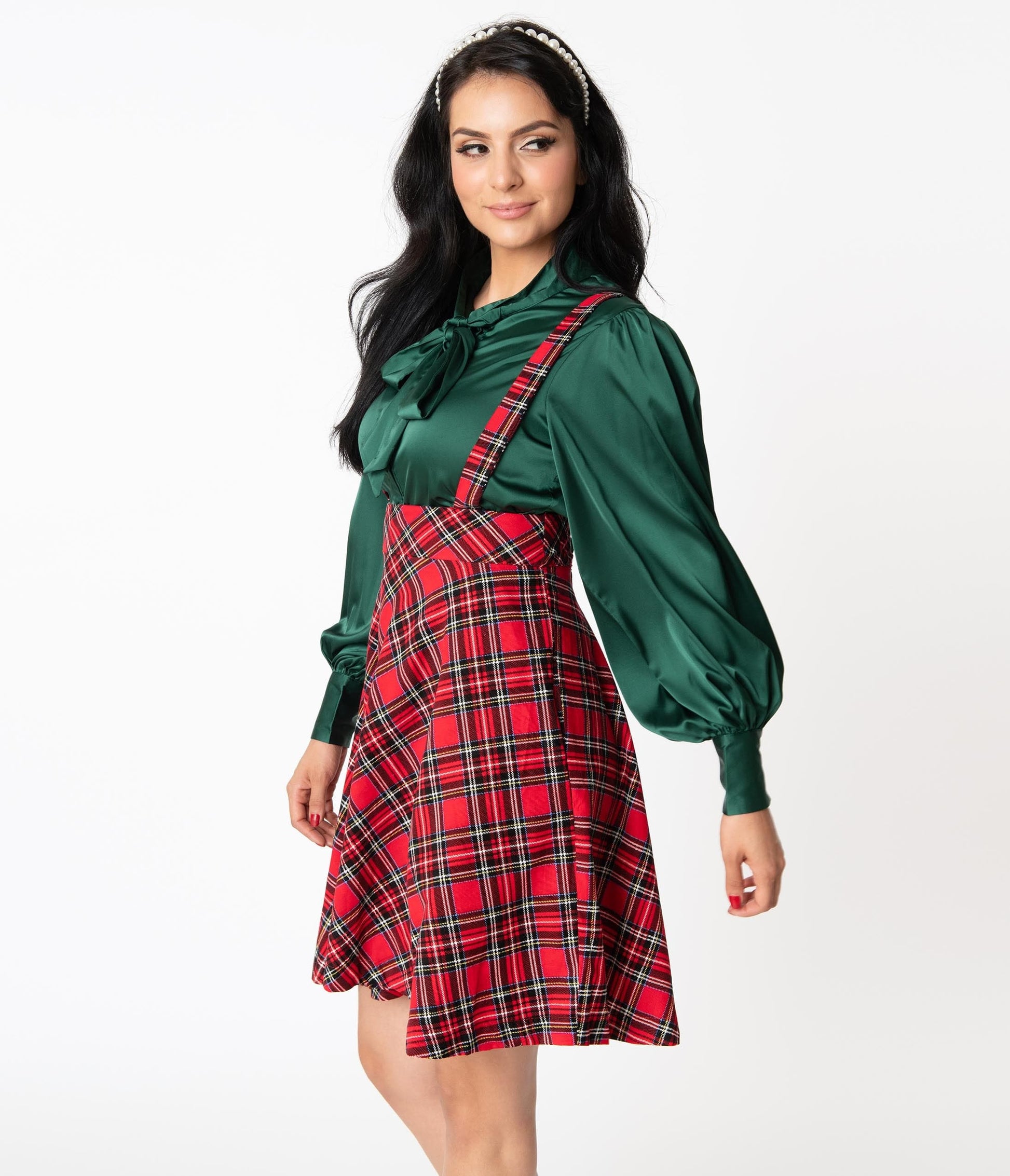 Unique Vintage 1960s Style Red Plaid Suspender Ruth Flare Skirt