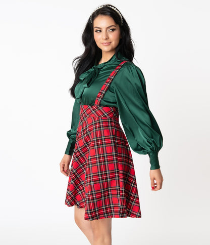 Unique Vintage 1960s Style Red Plaid Suspender Ruth Flare Skirt