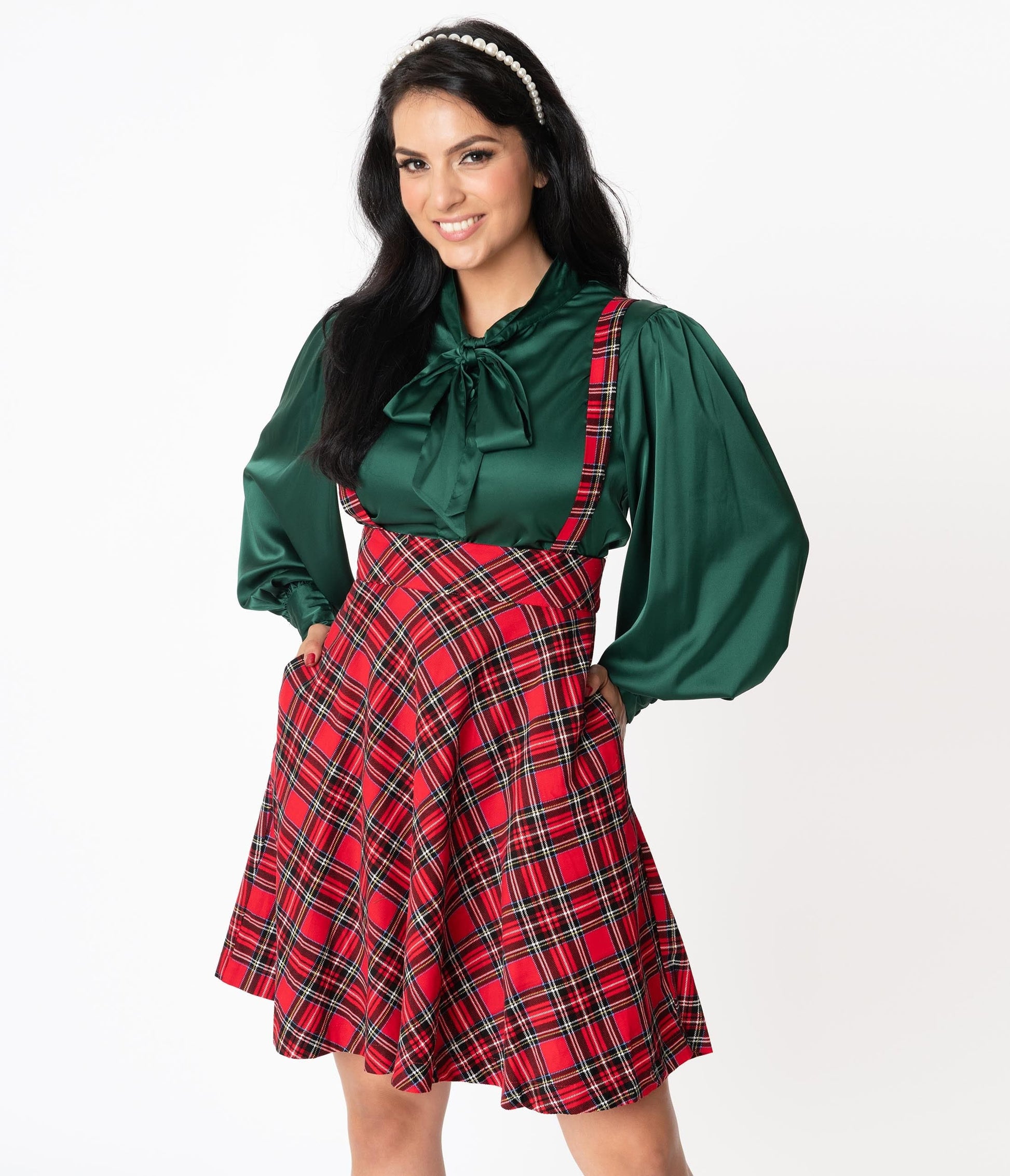 Unique Vintage 1960s Style Red Plaid Suspender Ruth Flare Skirt