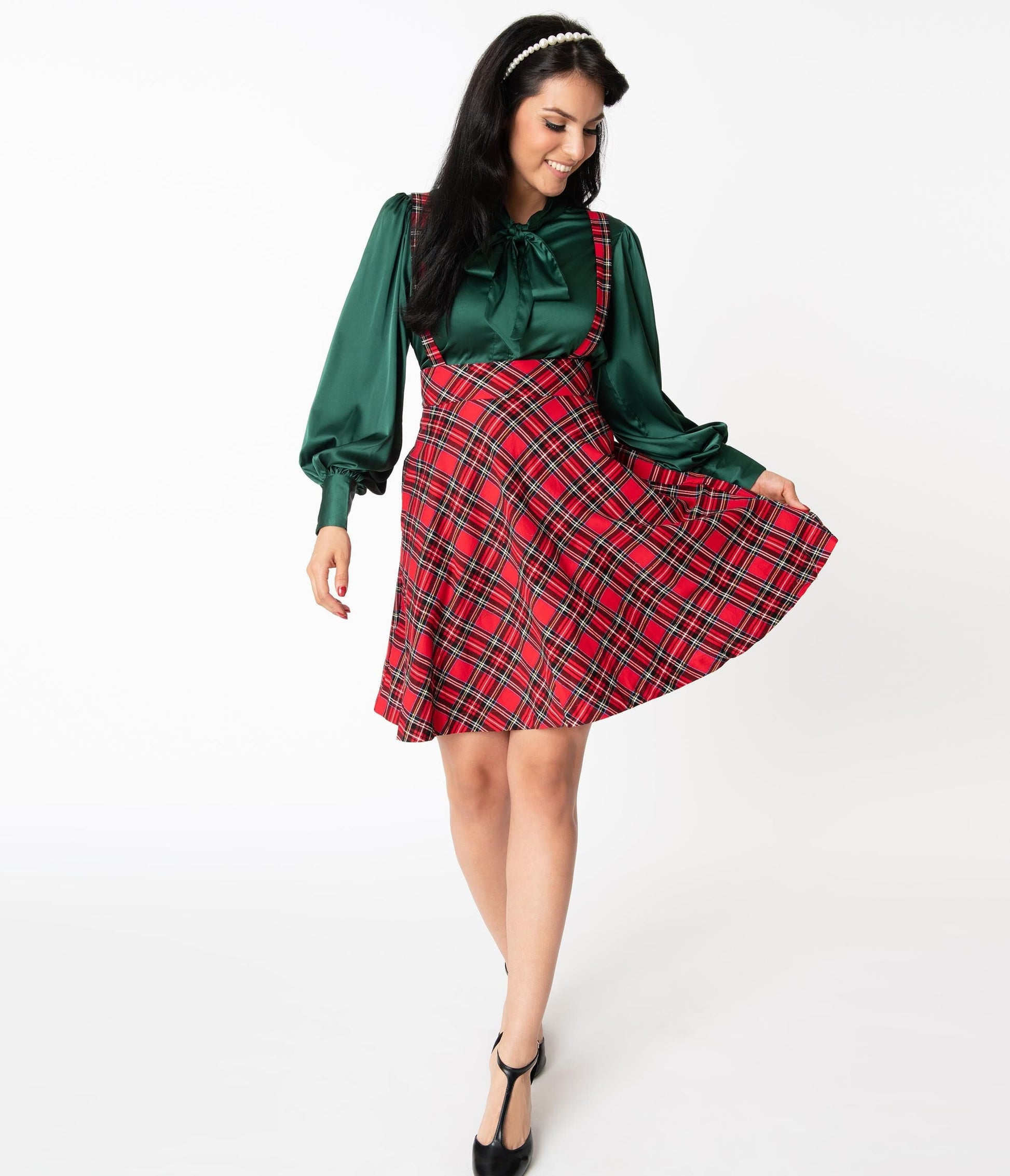 Unique Vintage 1960s Style Red Plaid Suspender Ruth Flare Skirt