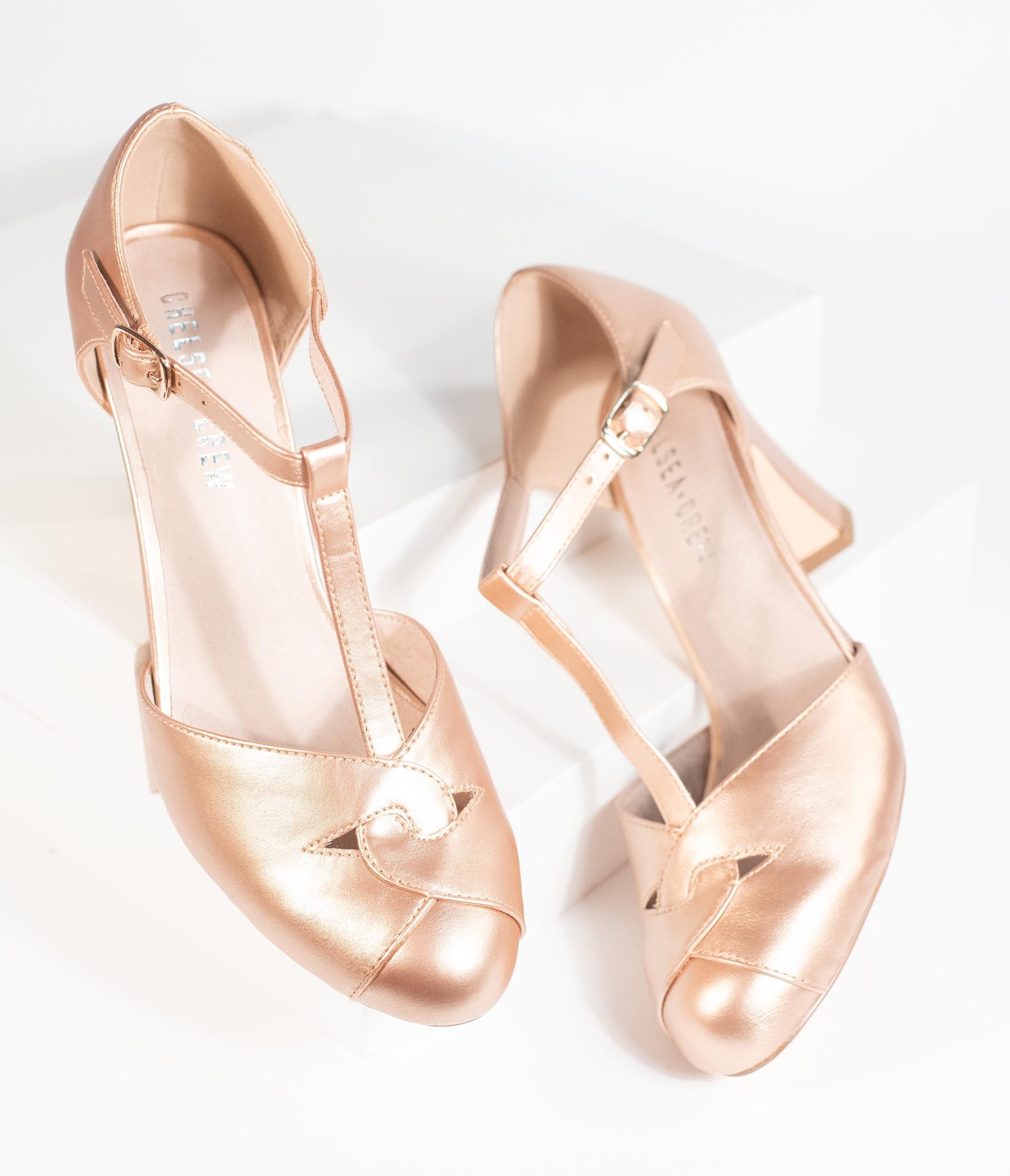 Chelsea Crew Rose Gold Leatherette Glinda T-Strap Heels