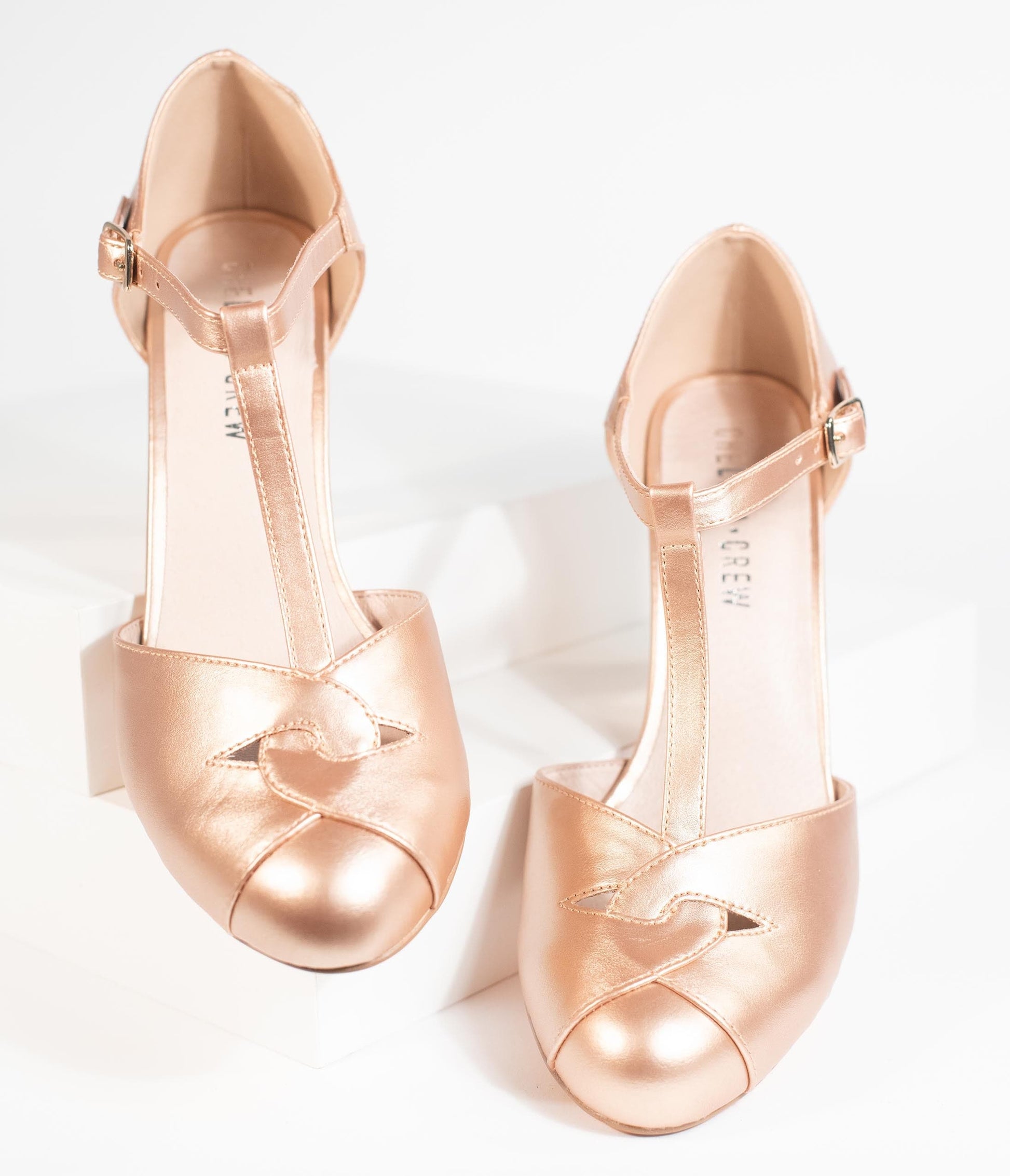 Chelsea Crew Rose Gold Leatherette Glinda T-Strap Heels