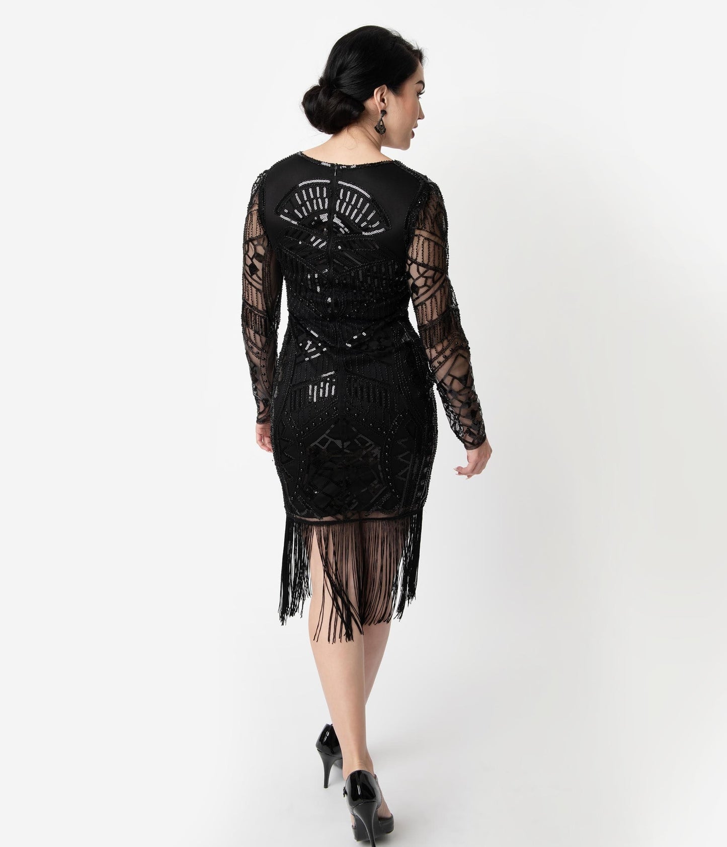 Unique Vintage 1920s Black Beaded Long Sleeve Fringe Celia Flapper Dress