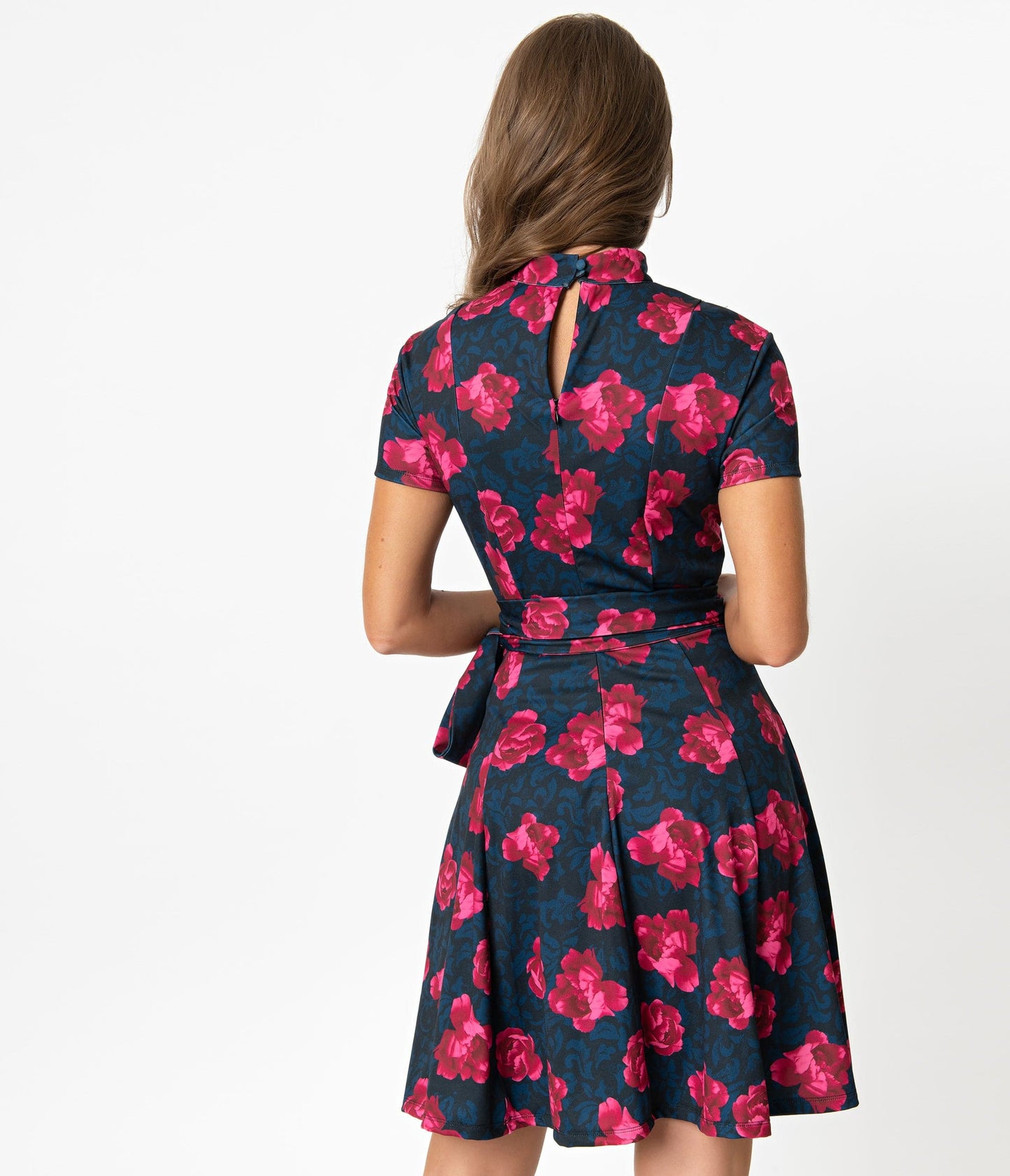 Unique Vintage 1960s Style Black & Pink Floral Print Bancroft Fit & Flare Dress