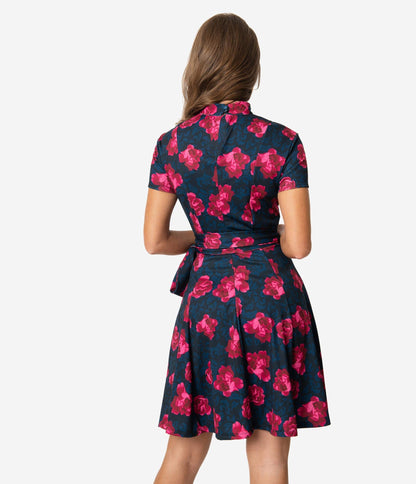 Unique Vintage 1960s Style Black & Pink Floral Print Bancroft Fit & Flare Dress