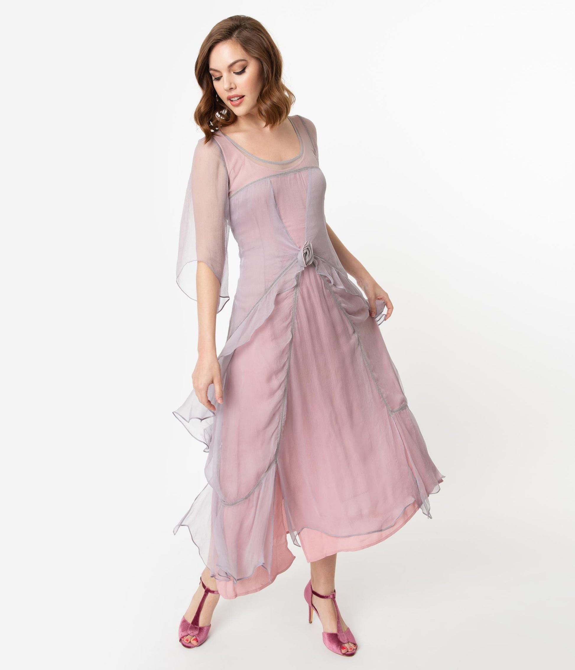 Vintage Style Mauve & Pink Chiffon Sleeved Edwardian Dress