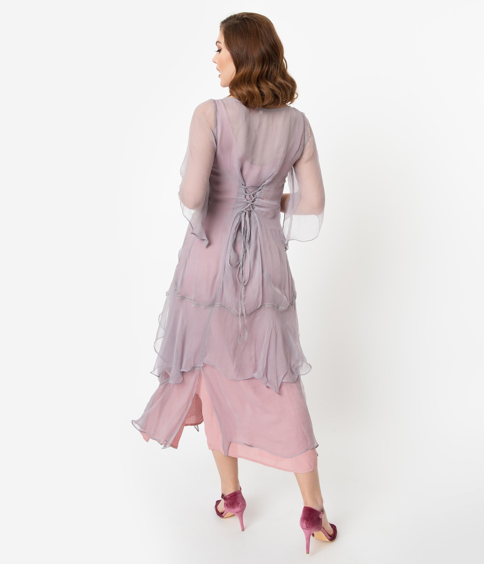Vintage Style Mauve & Pink Chiffon Sleeved Edwardian Dress