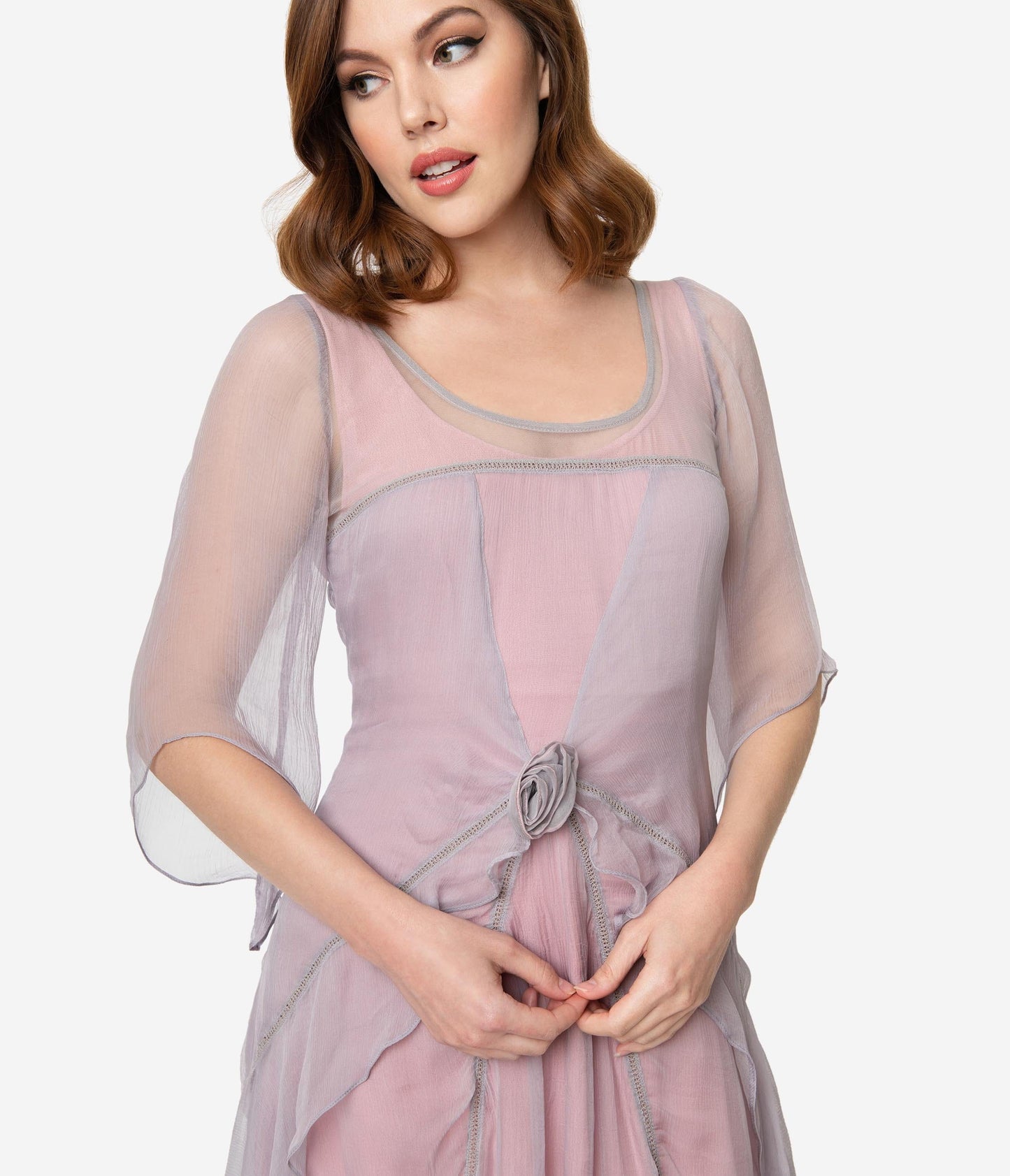 Vintage Style Mauve & Pink Chiffon Sleeved Edwardian Dress