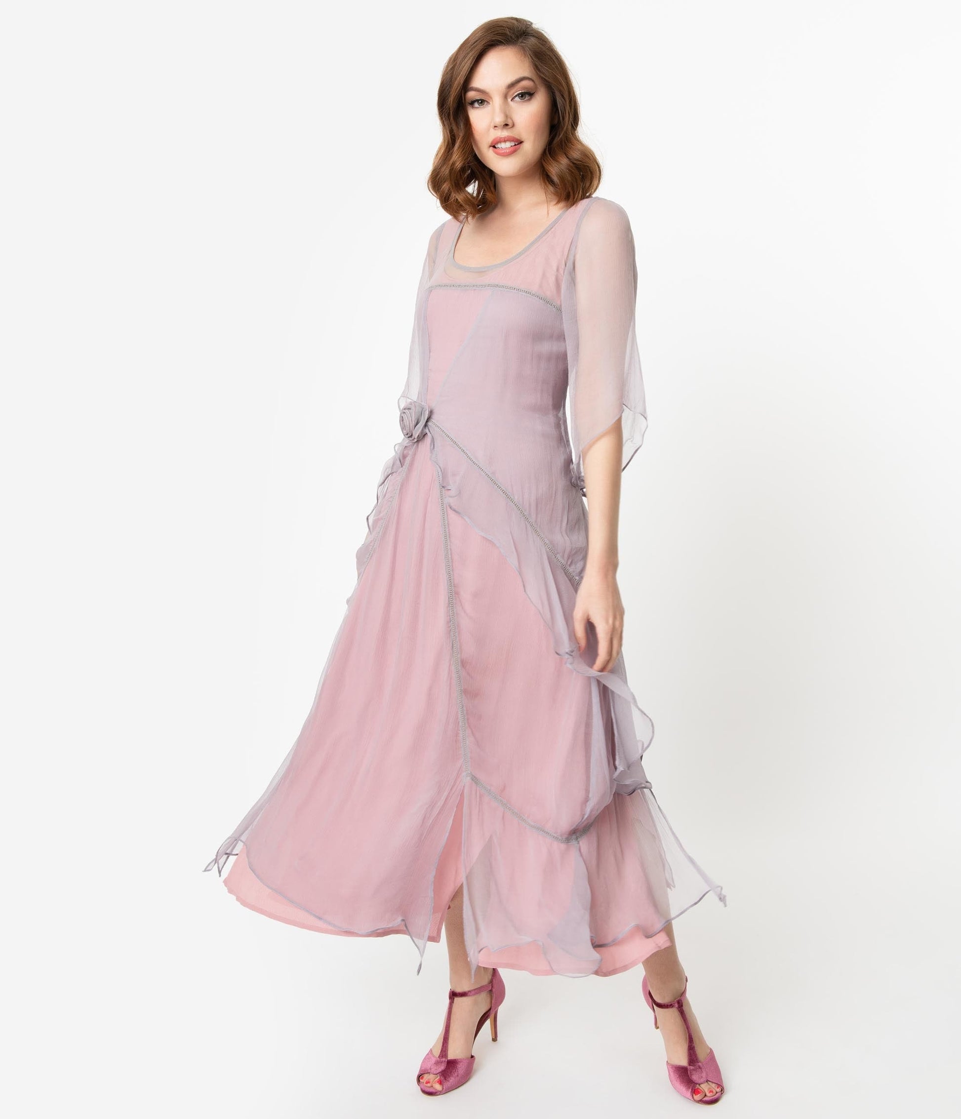 Vintage Style Mauve & Pink Chiffon Sleeved Edwardian Dress