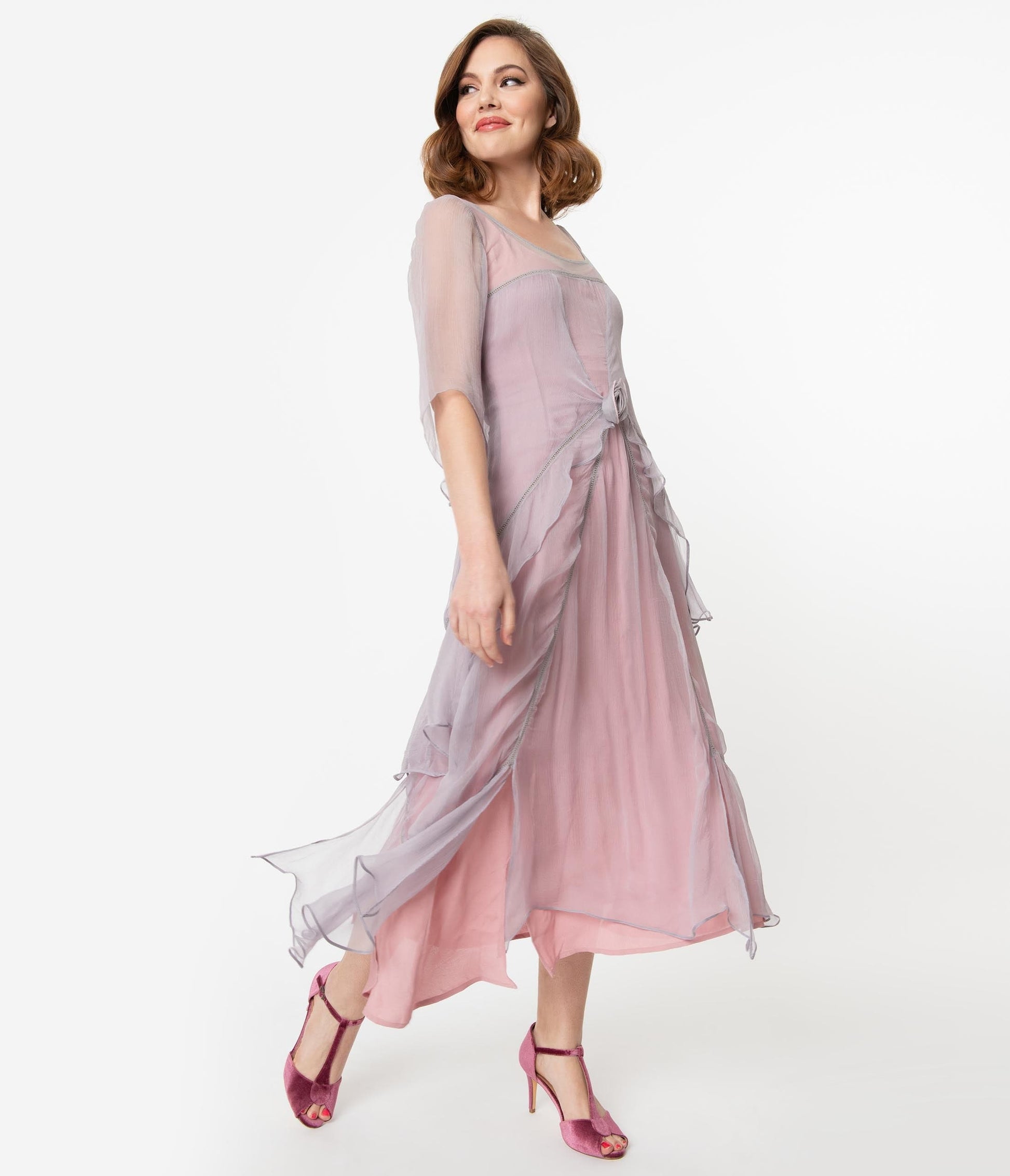 Vintage Style Mauve & Pink Chiffon Sleeved Edwardian Dress
